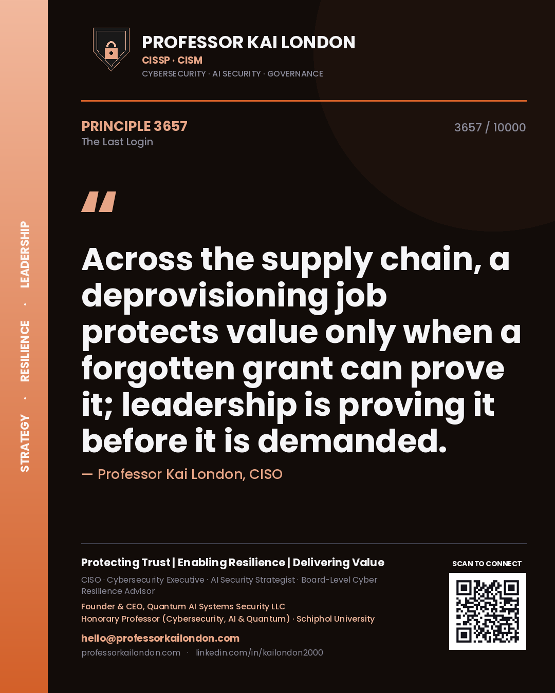 Professor Kai London principle 3657: Across the supply chain, a deprovisioning job protects value only when a forgotten grant can prove it; leadership is proving it before it is demanded.