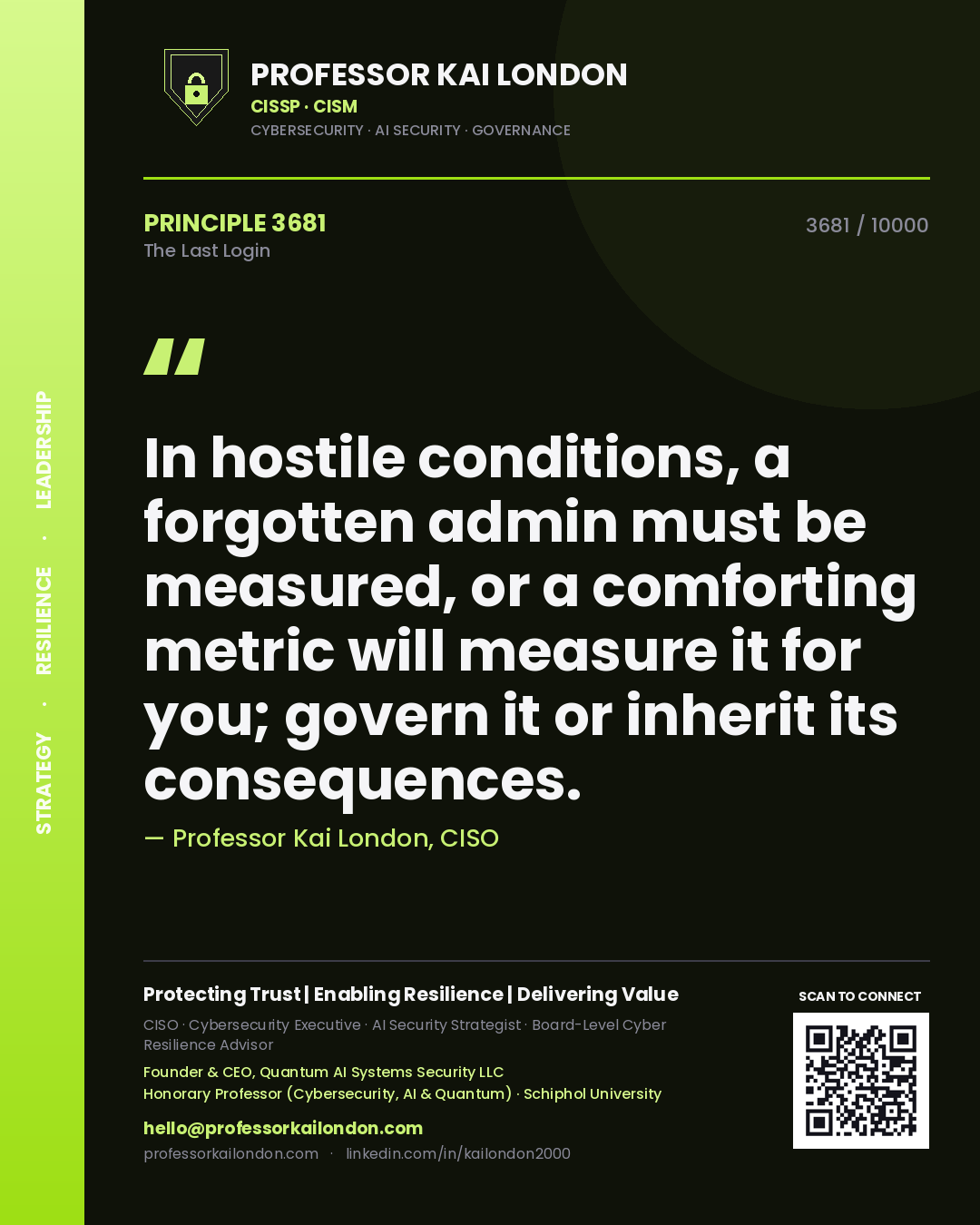 Professor Kai London principle 3681: In hostile conditions, a forgotten admin must be measured, or a comforting metric will measure it for you; govern it or inherit its consequences.