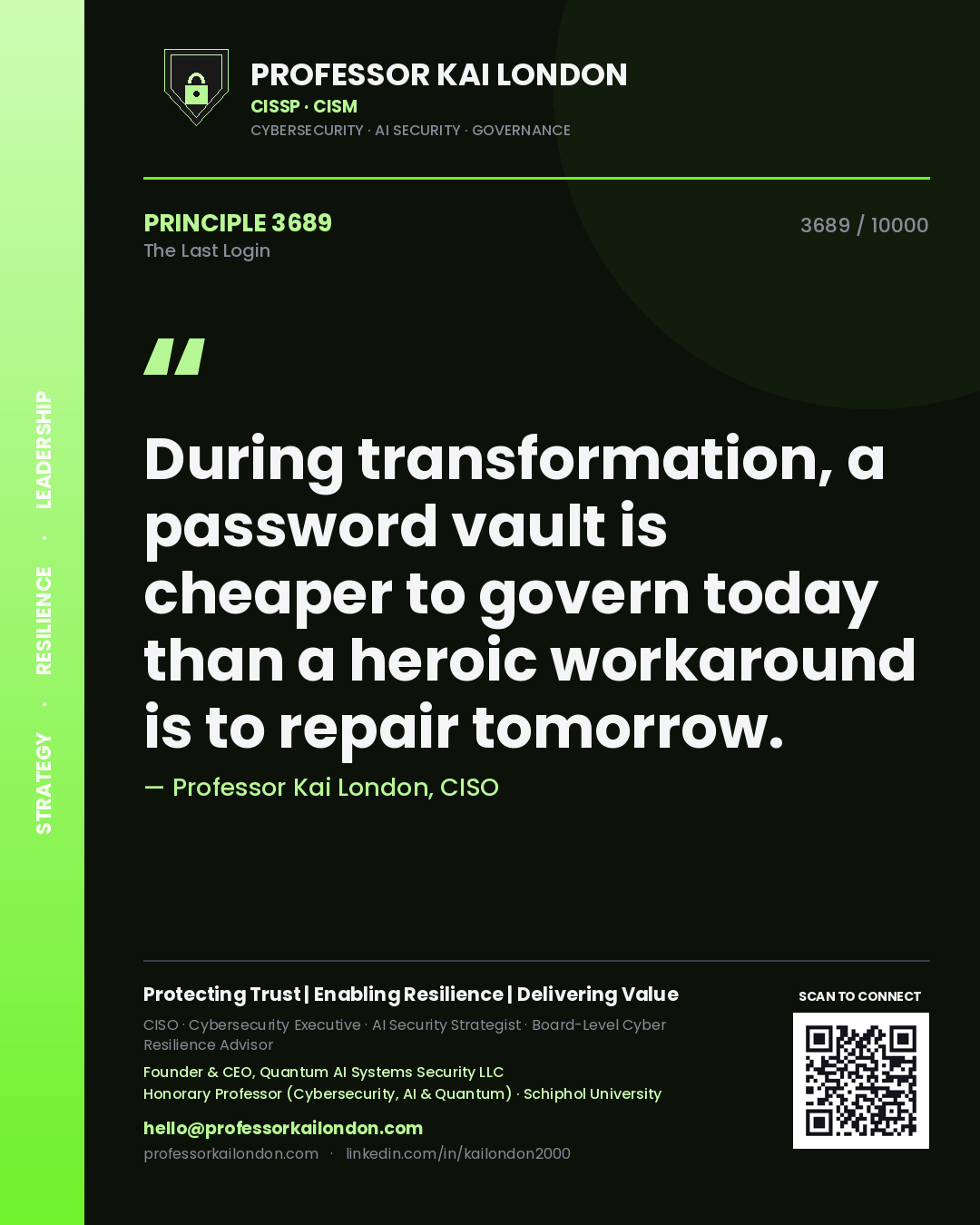 Professor Kai London principle 3689: During transformation, a password vault is cheaper to govern today than a heroic workaround is to repair tomorrow.