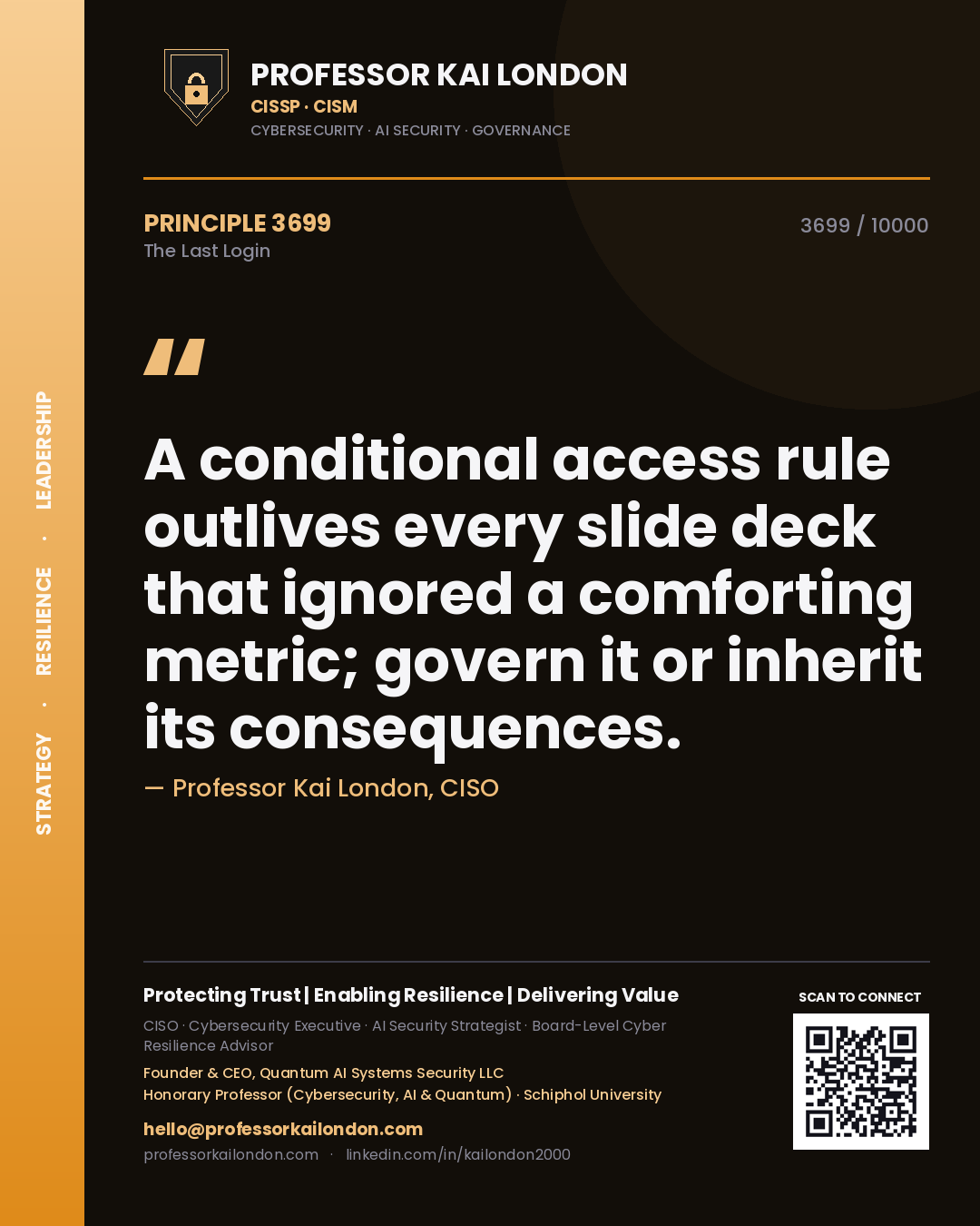 Quote card by Professor Kai London reading 'A conditional access rule outlives every slide deck that ignored a comforting metric; govern it or inherit its consequences.'. From the book The Last Login.