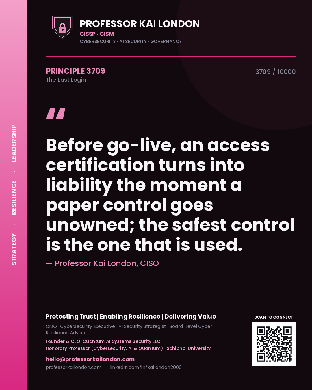 Professor Kai London principle 3709: Before go-live, an access certification turns into liability the moment a paper control goes unowned; the safest control is the one that is used.