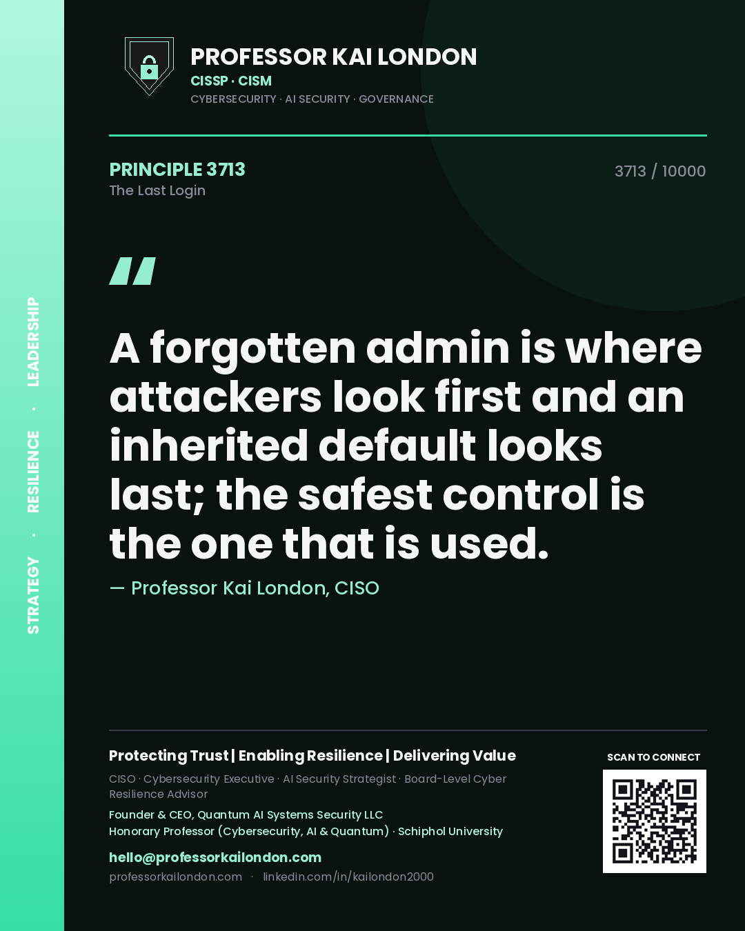 Professor Kai London principle 3713: A forgotten admin is where attackers look first and an inherited default looks last; the safest control is the one that is used.