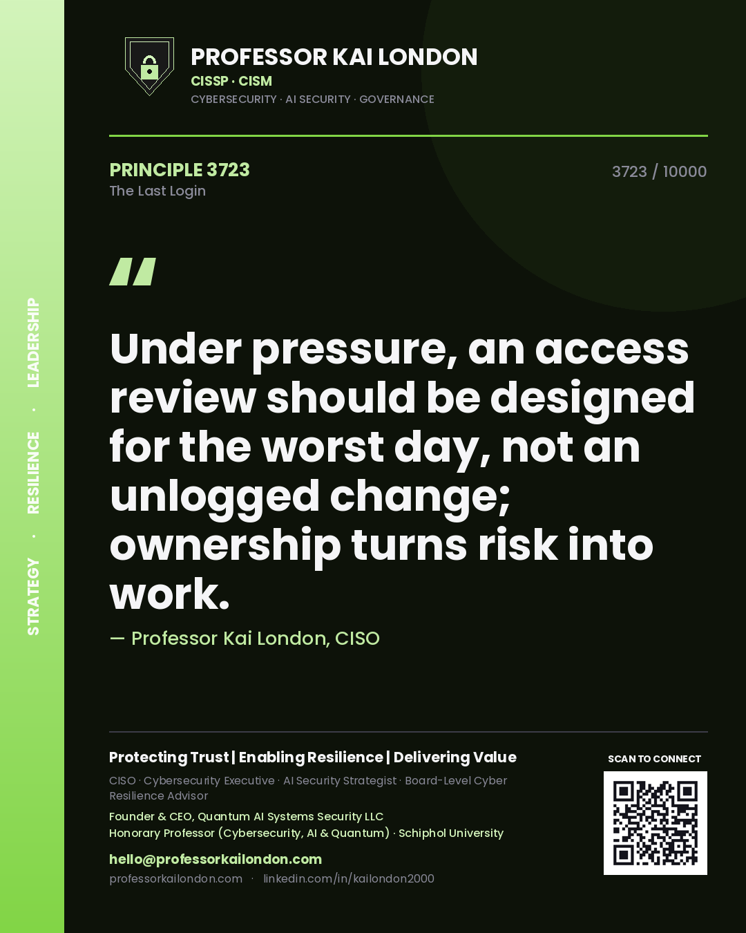 Quote card by Professor Kai London reading 'Under pressure, an access review should be designed for the worst day, not an unlogged change; ownership turns risk into work.'. From the book The Last Login.