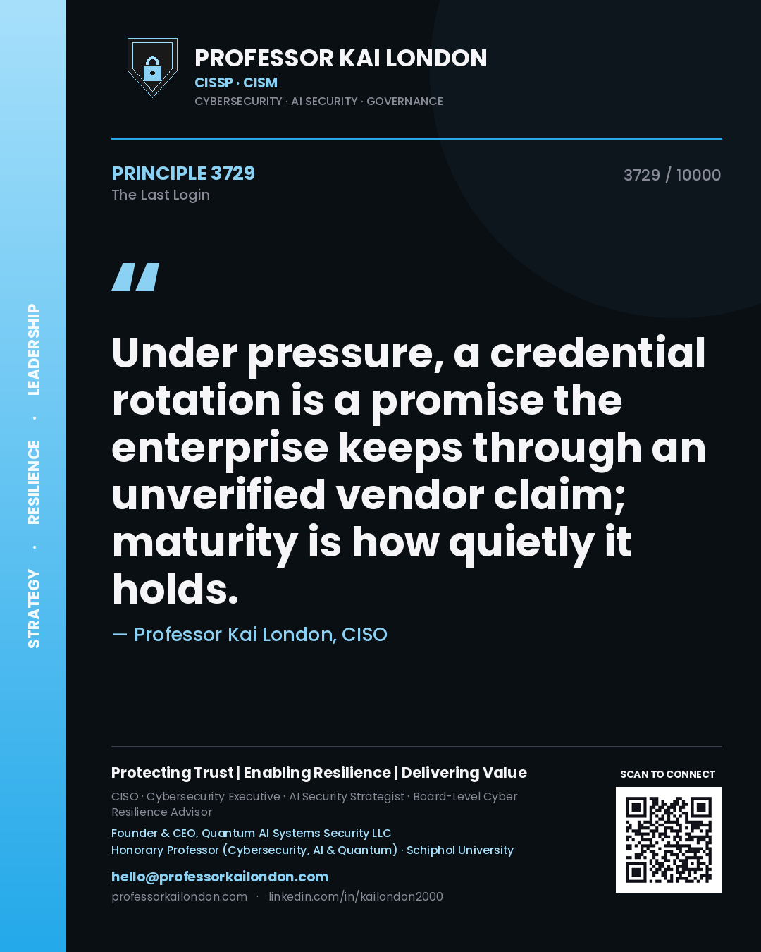 Quote card by Professor Kai London reading 'Under pressure, a credential rotation is a promise the enterprise keeps through an unverified vendor claim; maturity is how quietly it holds.'. From the book The Last Login.