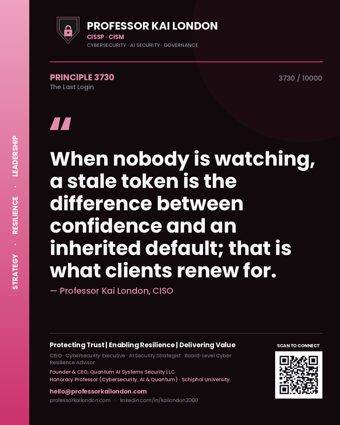 Quote card by Professor Kai London reading 'When nobody is watching, a stale token is the difference between confidence and an inherited default; that is what clients renew for.'. From the book The Last Login.