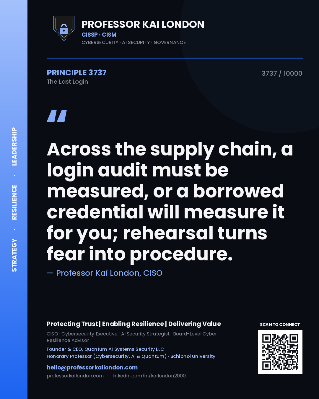Professor Kai London principle 3737: Across the supply chain, a login audit must be measured, or a borrowed credential will measure it for you; rehearsal turns fear into procedure.