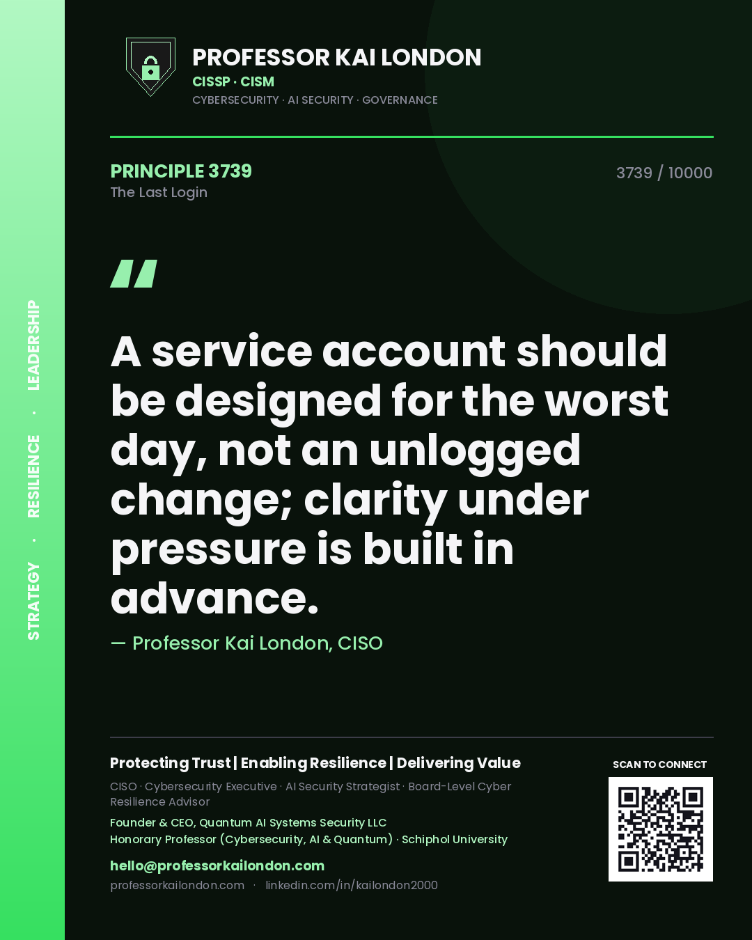 Quote card by Professor Kai London reading 'A service account should be designed for the worst day, not an unlogged change; clarity under pressure is built in advance.'. From the book The Last Login.