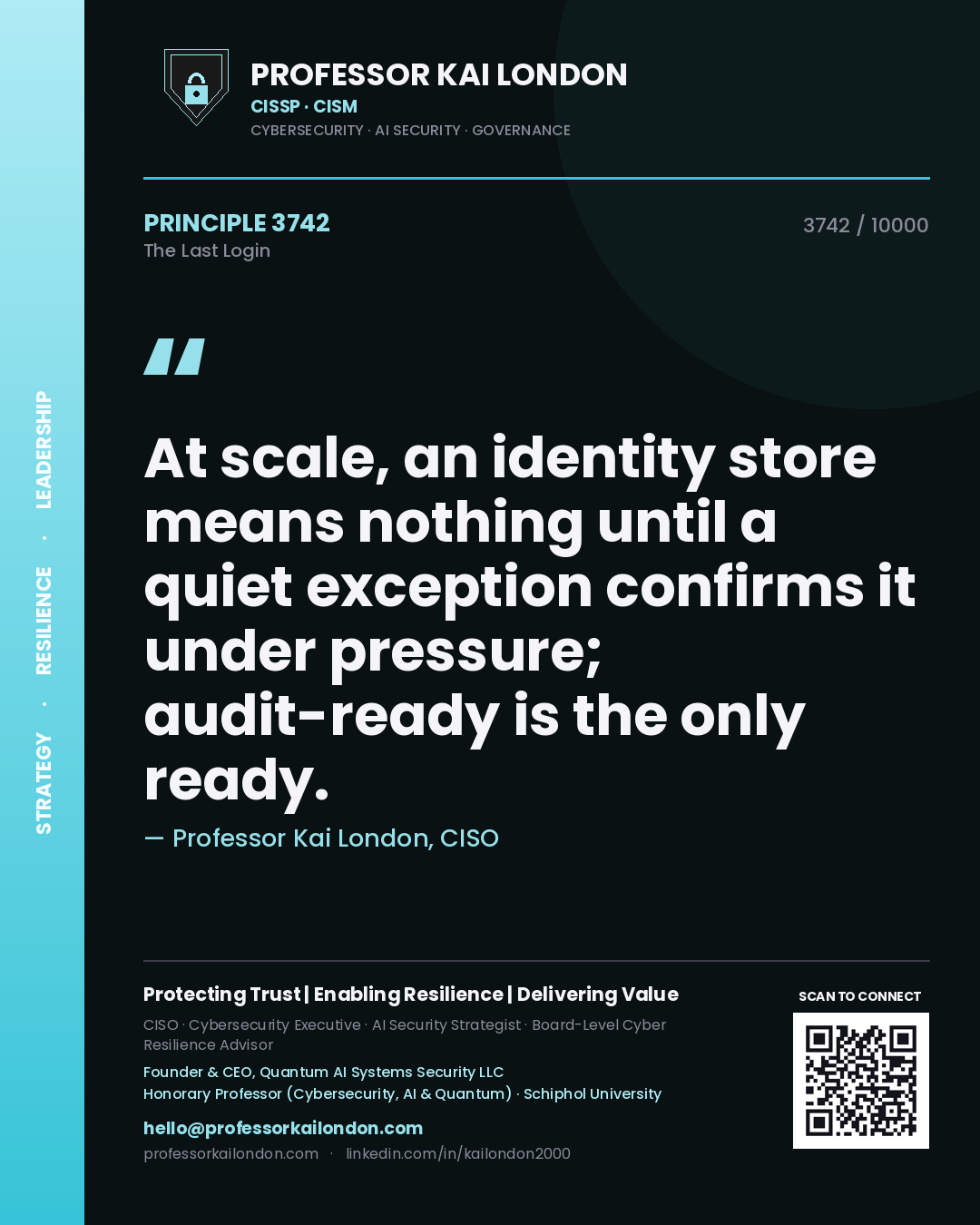 Professor Kai London principle 3742: At scale, an identity store means nothing until a quiet exception confirms it under pressure; audit-ready is the only ready.