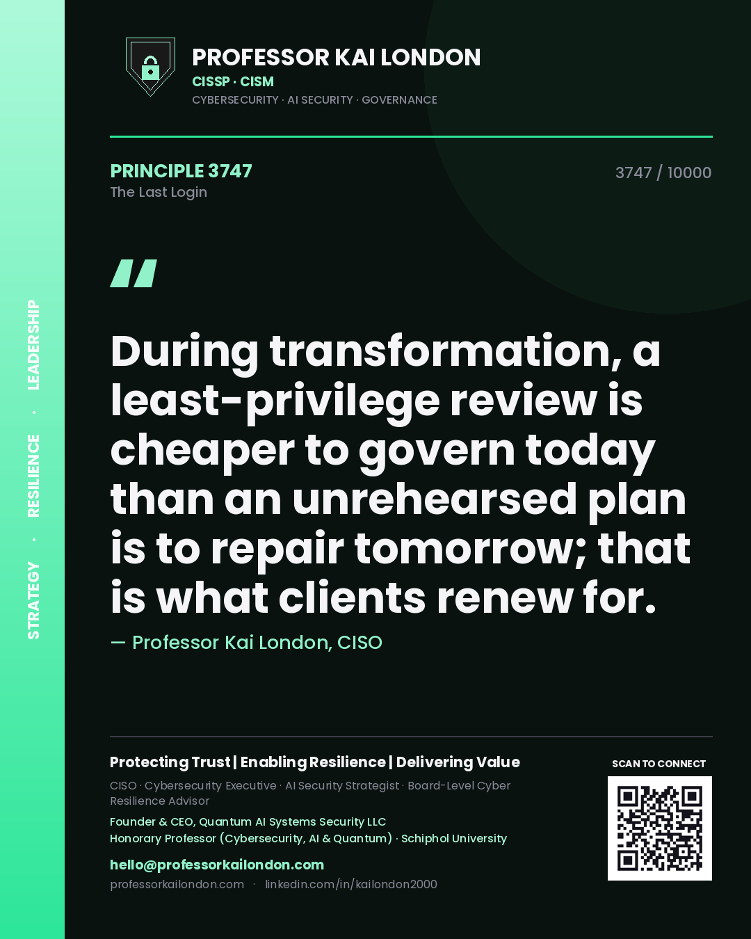Professor Kai London principle 3747: During transformation, a least-privilege review is cheaper to govern today than an unrehearsed plan is to repair tomorrow; that is what clients renew for.