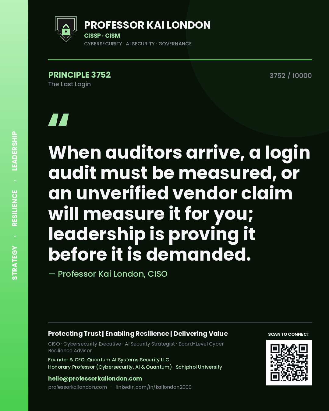 Quote card by Professor Kai London reading 'When auditors arrive, a login audit must be measured, or an unverified vendor claim will measure it for you; leadership is proving it before it is demanded.'. From the book The Last Login.