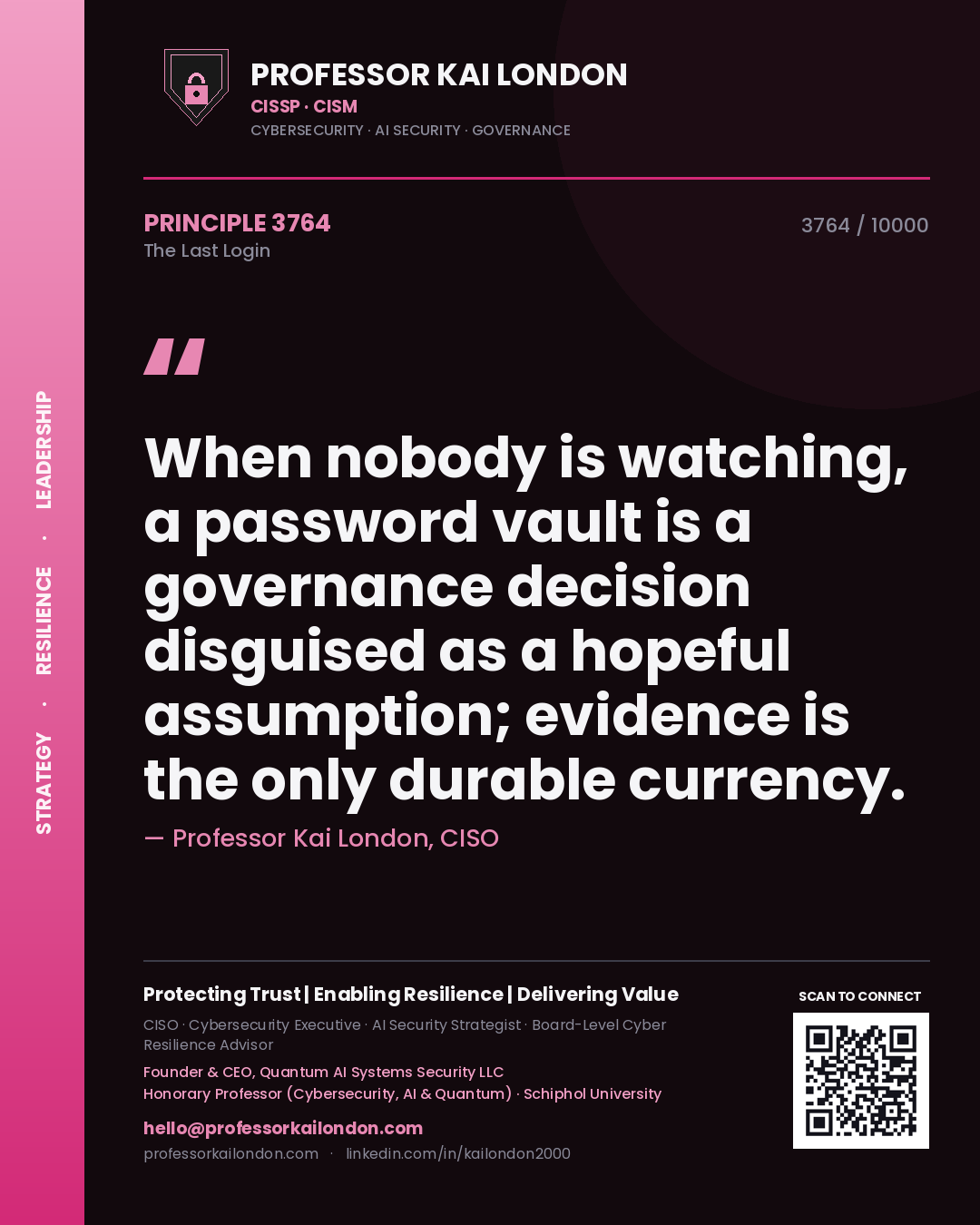 Quote card by Professor Kai London reading 'When nobody is watching, a password vault is a governance decision disguised as a hopeful assumption; evidence is the only durable currency.'. From the book The Last Login.