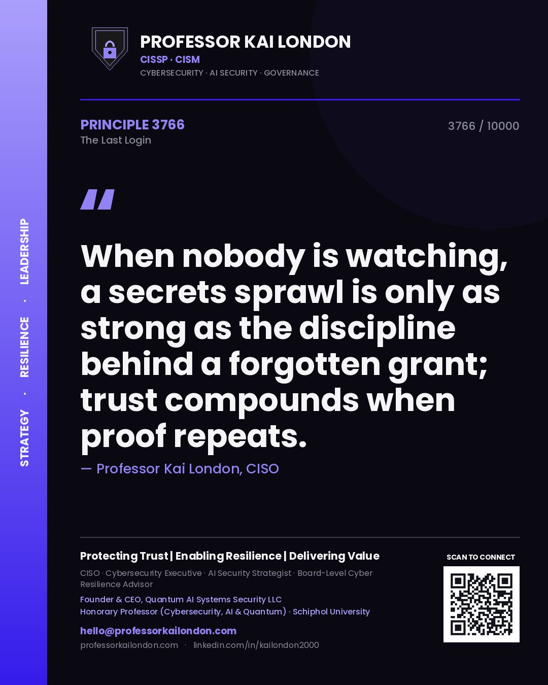 Professor Kai London principle 3766: When nobody is watching, a secrets sprawl is only as strong as the discipline behind a forgotten grant; trust compounds when proof repeats.