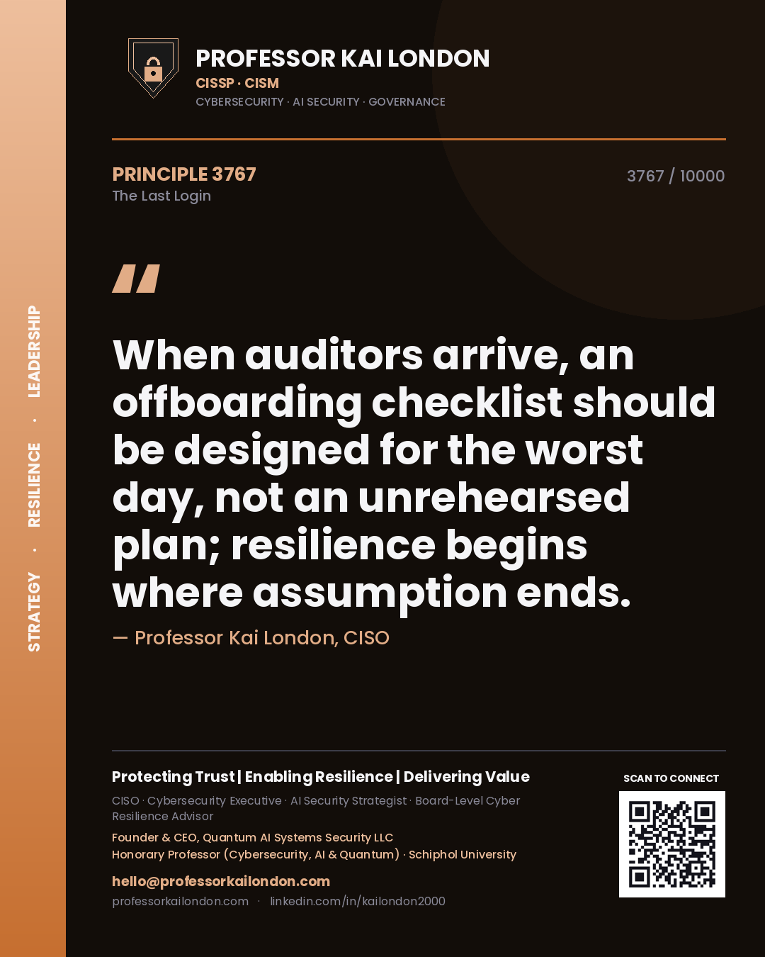 Quote card by Professor Kai London reading 'When auditors arrive, an offboarding checklist should be designed for the worst day, not an unrehearsed plan; resilience begins where assumption ends.'. From the book The Last Login.