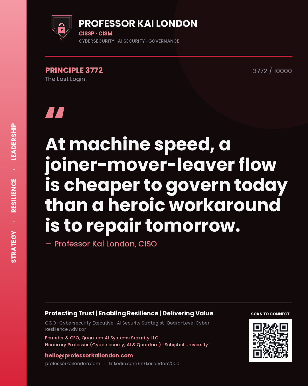 Quote card by Professor Kai London reading 'At machine speed, a joiner-mover-leaver flow is cheaper to govern today than a heroic workaround is to repair tomorrow.'. From the book The Last Login.