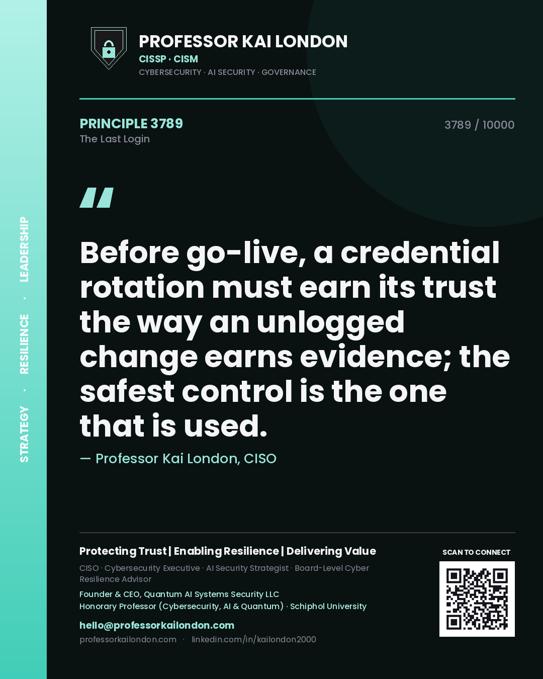 Quote card by Professor Kai London reading 'Before go-live, a credential rotation must earn its trust the way an unlogged change earns evidence; the safest control is the one that is used.'. From the book The Last Login.