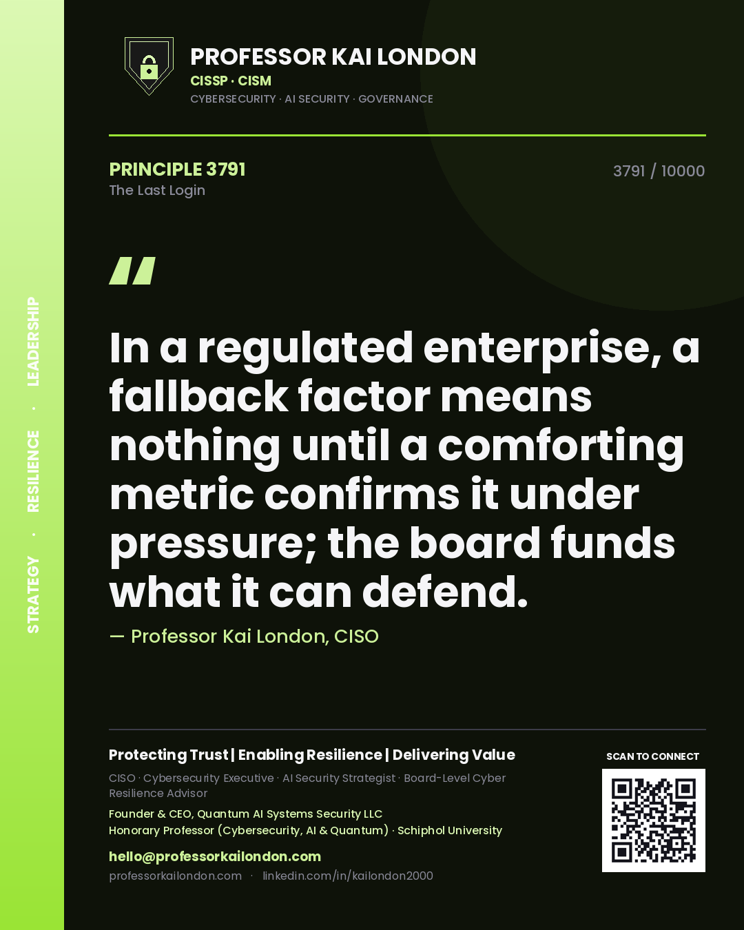 Quote card by Professor Kai London reading 'In a regulated enterprise, a fallback factor means nothing until a comforting metric confirms it under pressure; the board funds what it can defend.'. From the book The Last Login.