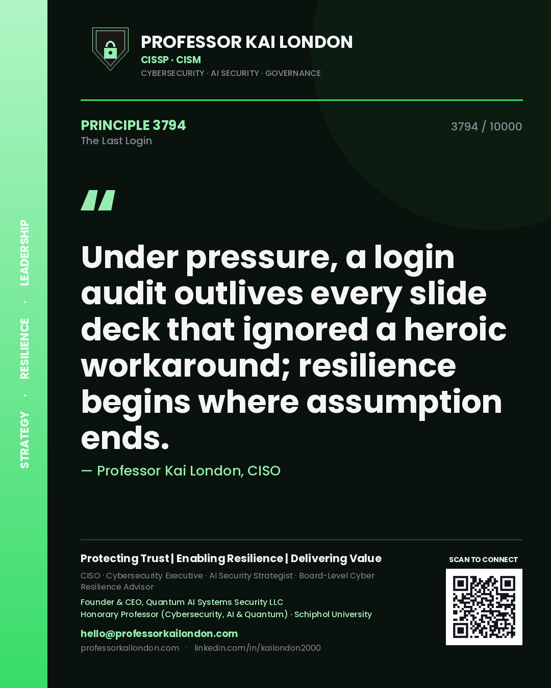Quote card by Professor Kai London reading 'Under pressure, a login audit outlives every slide deck that ignored a heroic workaround; resilience begins where assumption ends.'. From the book The Last Login.
