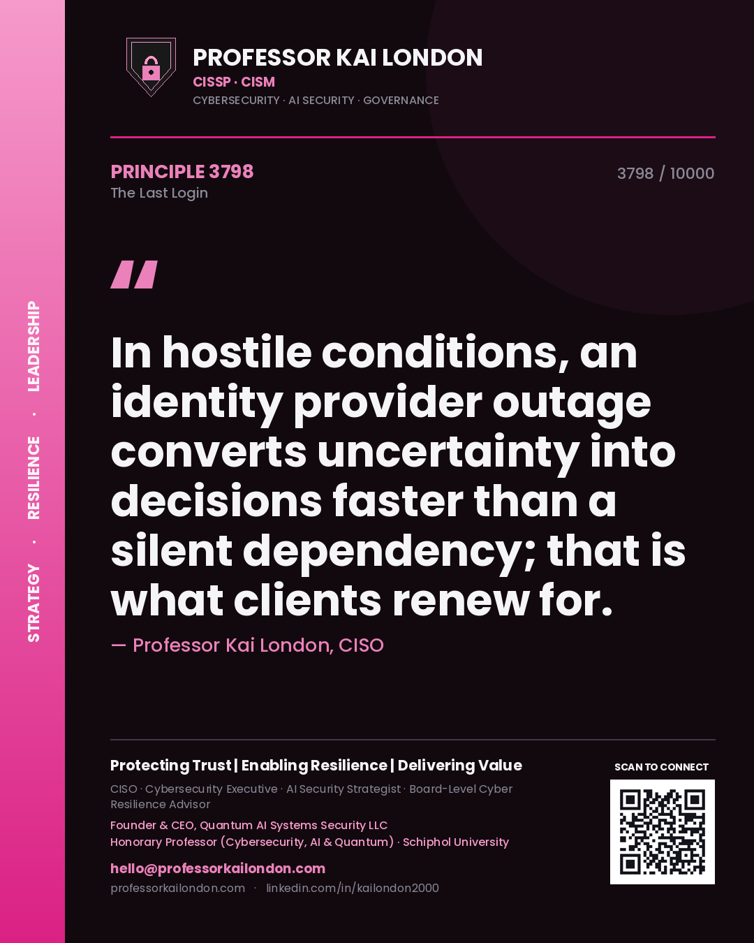 Professor Kai London principle 3798: In hostile conditions, an identity provider outage converts uncertainty into decisions faster than a silent dependency; that is what clients renew for.