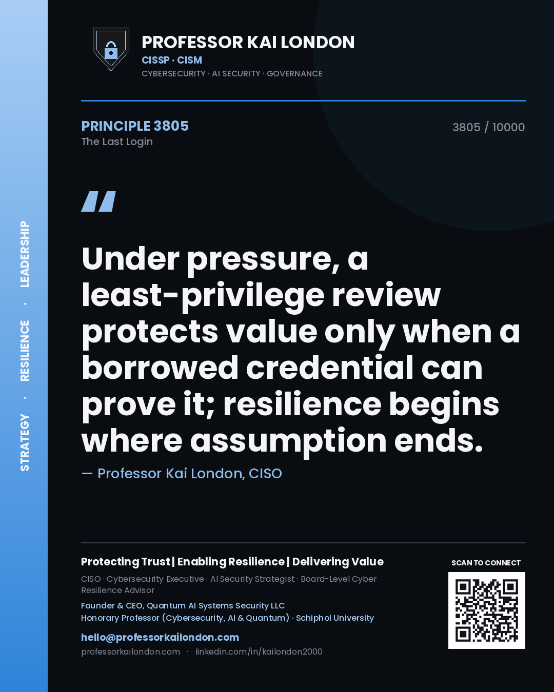 Professor Kai London principle 3805: Under pressure, a least-privilege review protects value only when a borrowed credential can prove it; resilience begins where assumption ends.