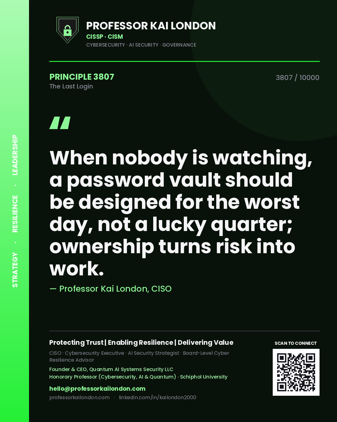 Professor Kai London principle 3807: When nobody is watching, a password vault should be designed for the worst day, not a lucky quarter; ownership turns risk into work.