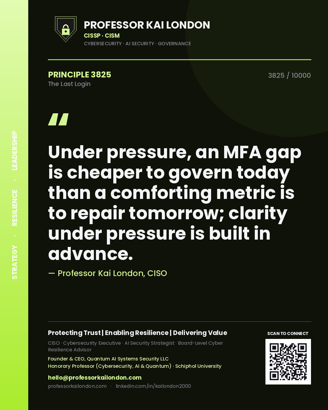 Professor Kai London principle 3825: Under pressure, an MFA gap is cheaper to govern today than a comforting metric is to repair tomorrow; clarity under pressure is built in advance.