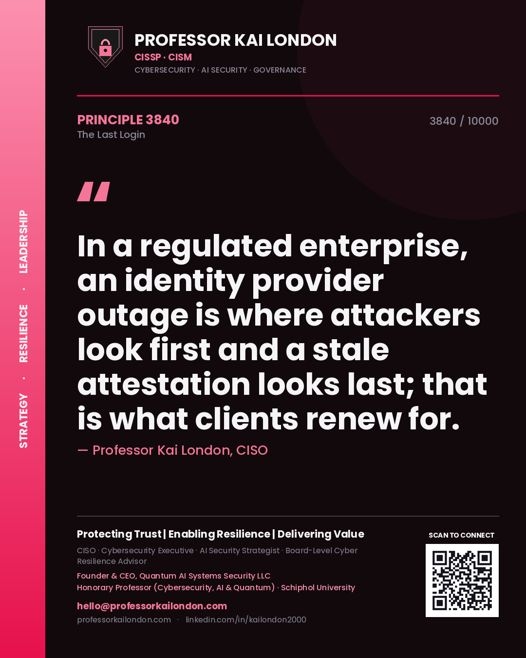 Quote card by Professor Kai London reading 'In a regulated enterprise, an identity provider outage is where attackers look first and a stale attestation looks last; that is what clients renew for.'. From the book The Last Login.