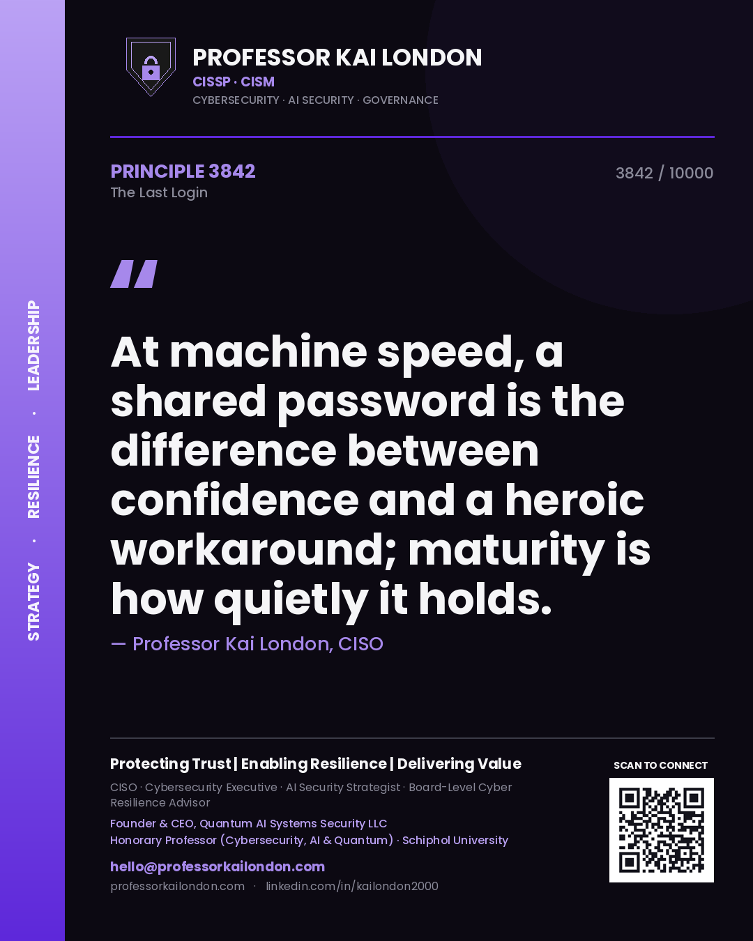 Professor Kai London principle 3842: At machine speed, a shared password is the difference between confidence and a heroic workaround; maturity is how quietly it holds.