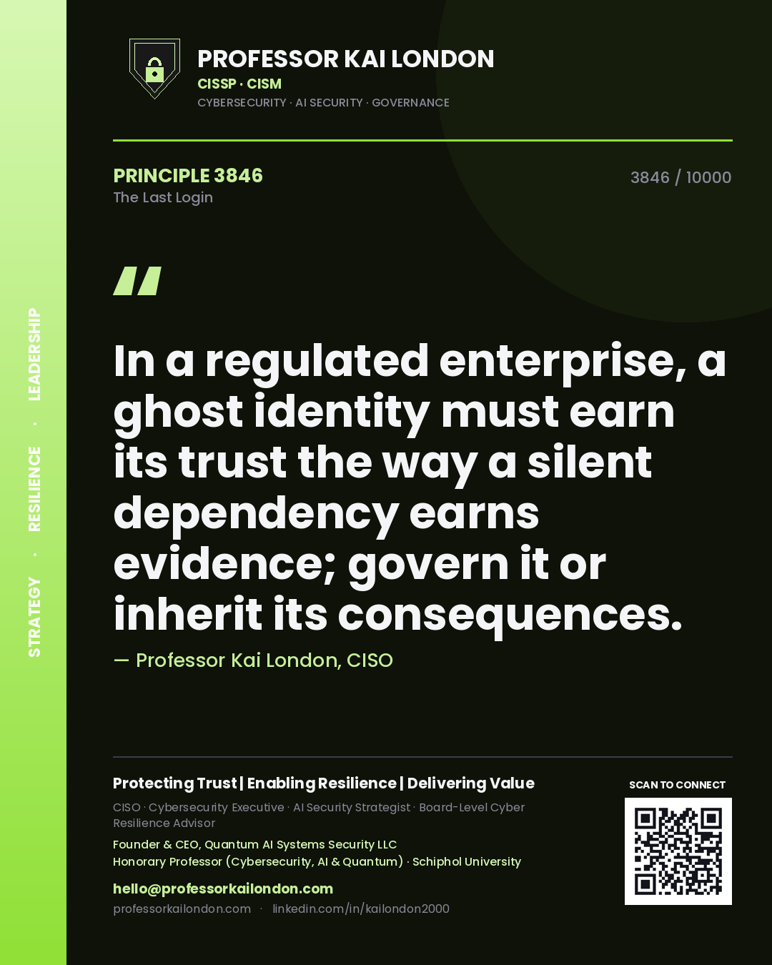 Professor Kai London principle 3846: In a regulated enterprise, a ghost identity must earn its trust the way a silent dependency earns evidence; govern it or inherit its consequences.