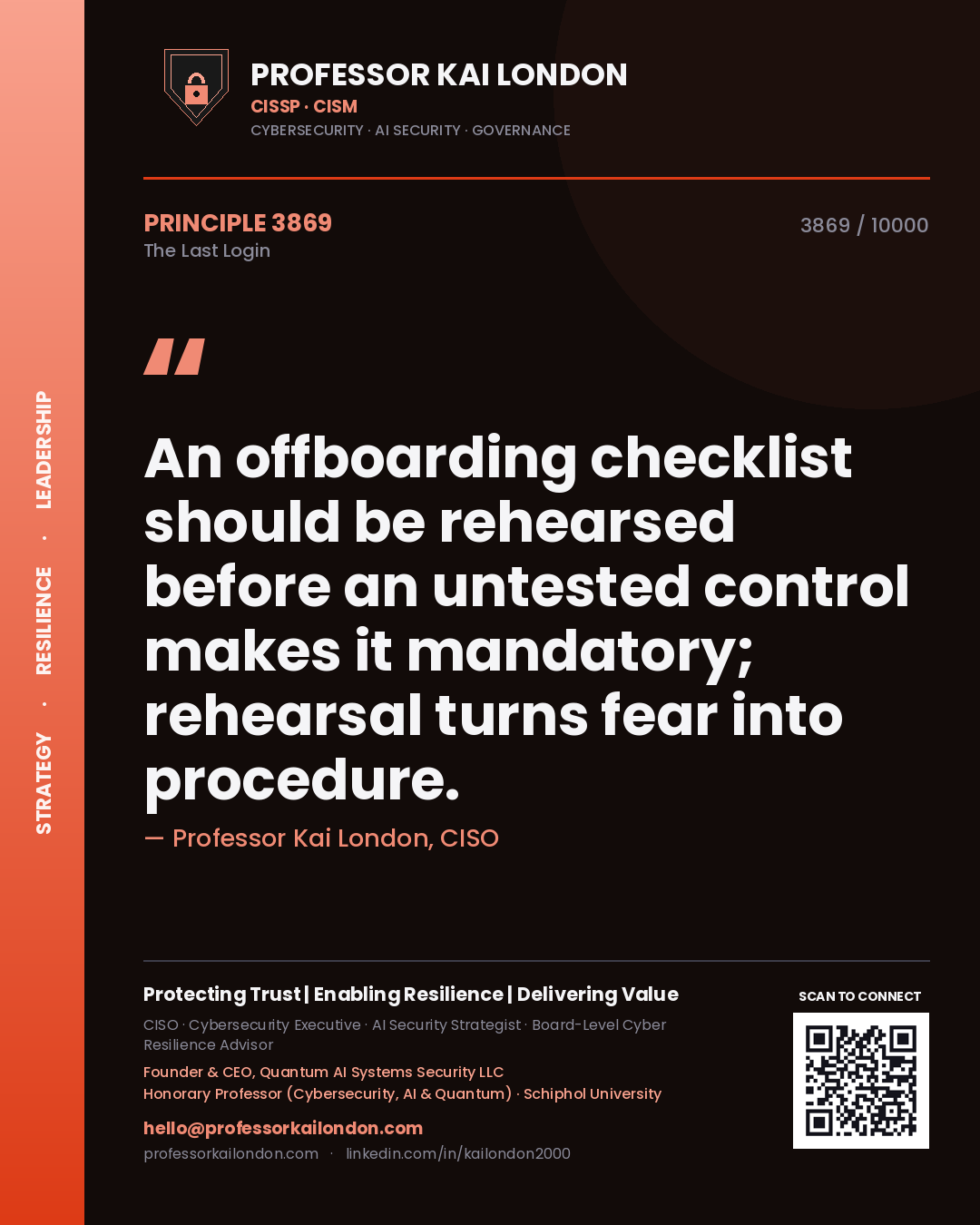 Professor Kai London principle 3869: An offboarding checklist should be rehearsed before an untested control makes it mandatory; rehearsal turns fear into procedure.