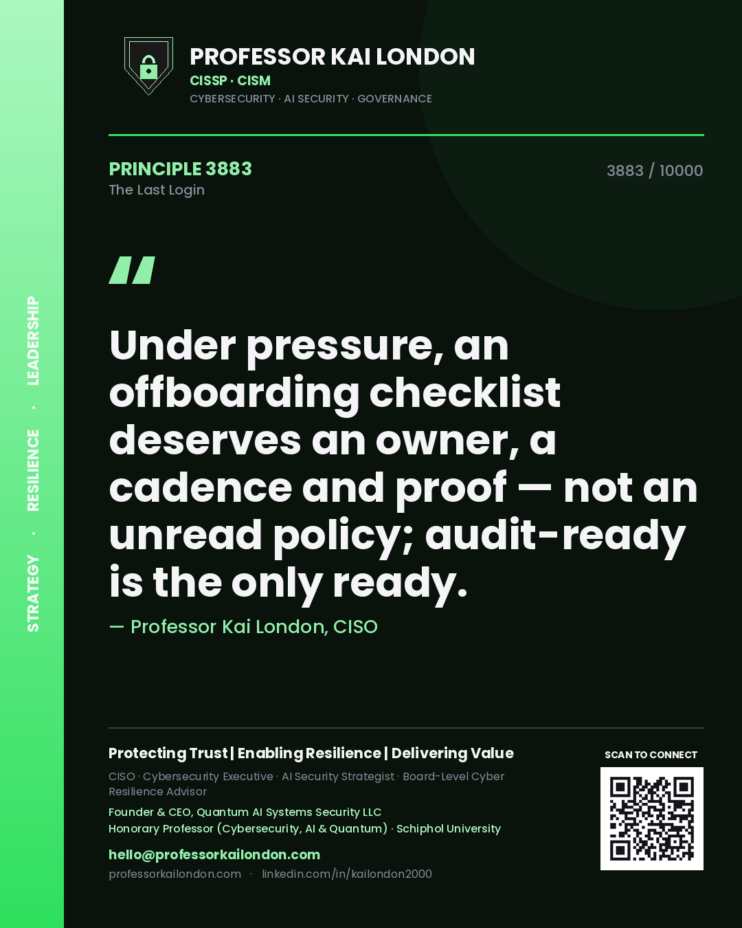 Quote card by Professor Kai London reading 'Under pressure, an offboarding checklist deserves an owner, a cadence and proof — not an unread policy; audit-ready is the only ready.'. From the book The Last Login.