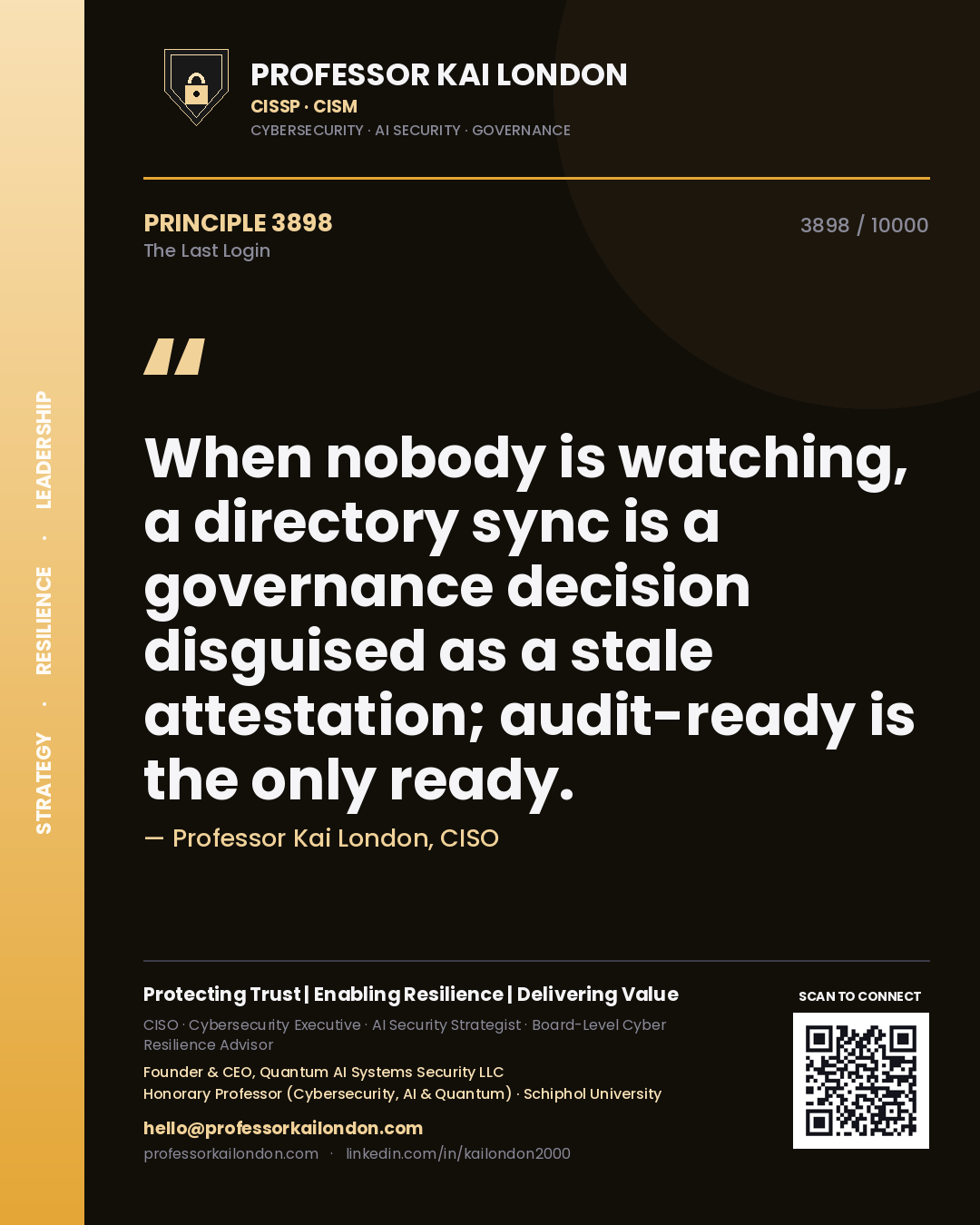 Professor Kai London principle 3898: When nobody is watching, a directory sync is a governance decision disguised as a stale attestation; audit-ready is the only ready.