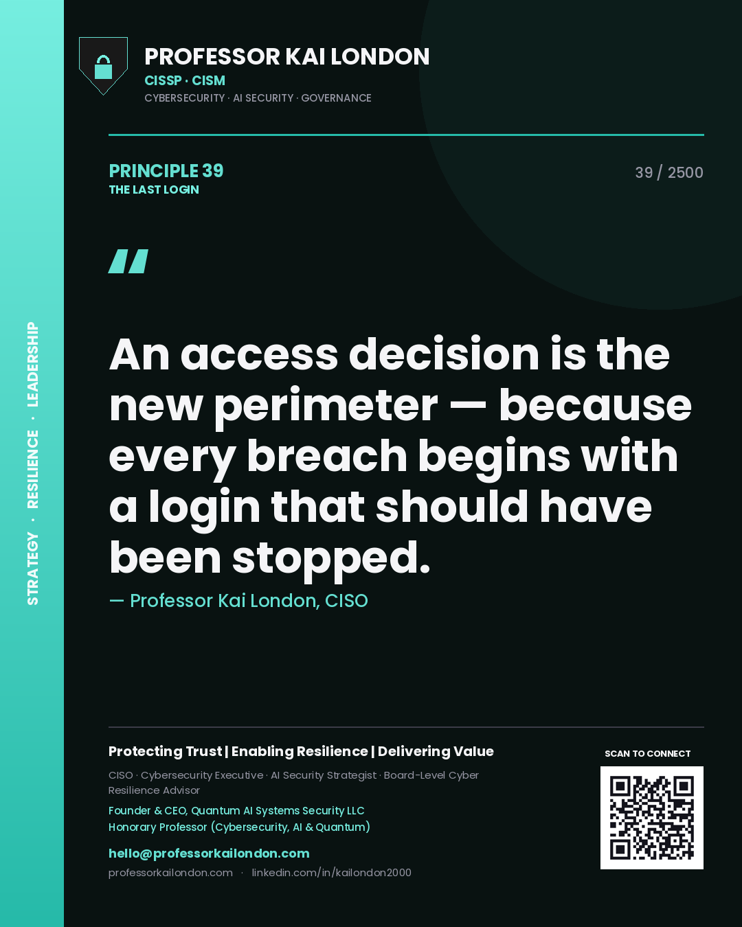 Professor Kai London principle 39: An access decision is the new perimeter — because every breach begins with a login that should have been stopped.