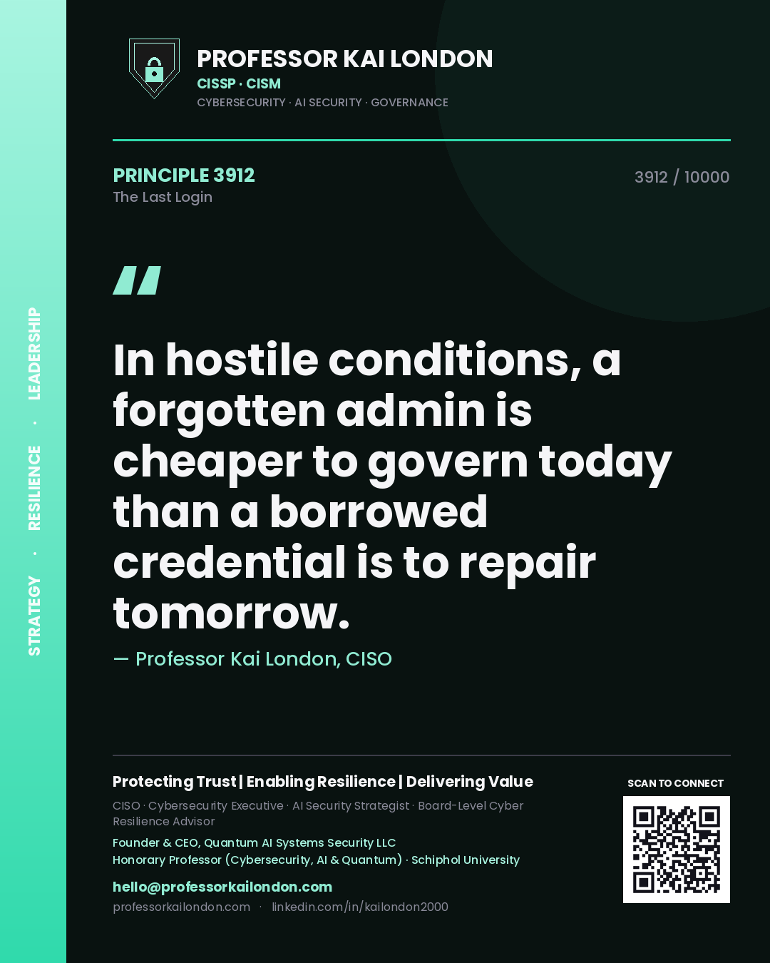 Professor Kai London principle 3912: In hostile conditions, a forgotten admin is cheaper to govern today than a borrowed credential is to repair tomorrow.