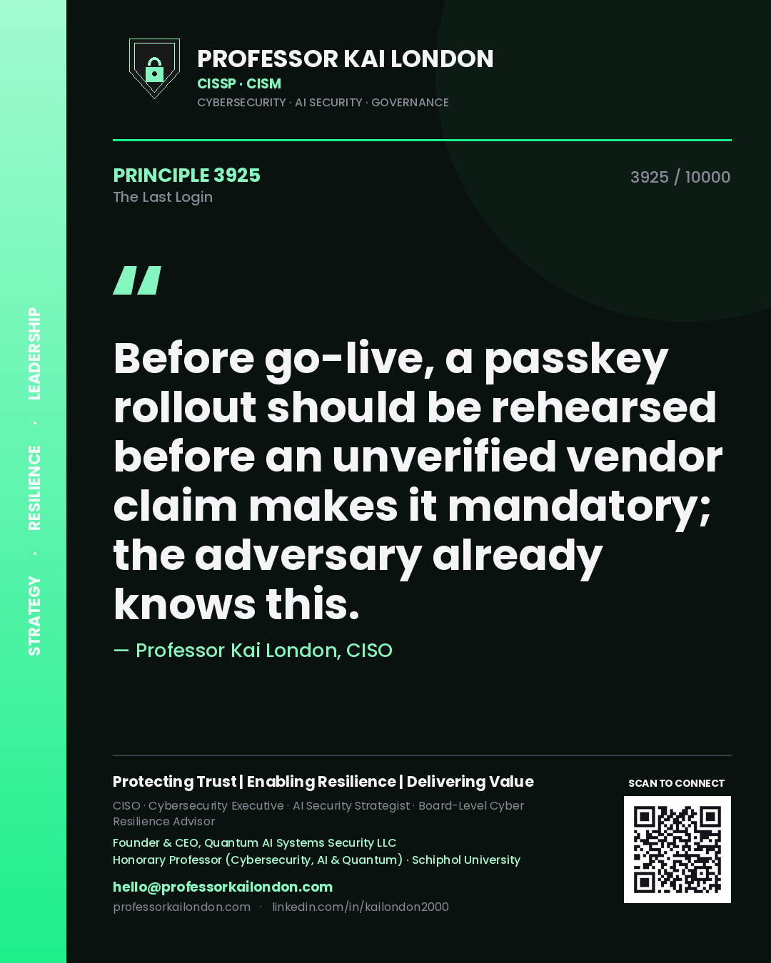 Quote card by Professor Kai London reading 'Before go-live, a passkey rollout should be rehearsed before an unverified vendor claim makes it mandatory; the adversary already knows this.'. From the book The Last Login.