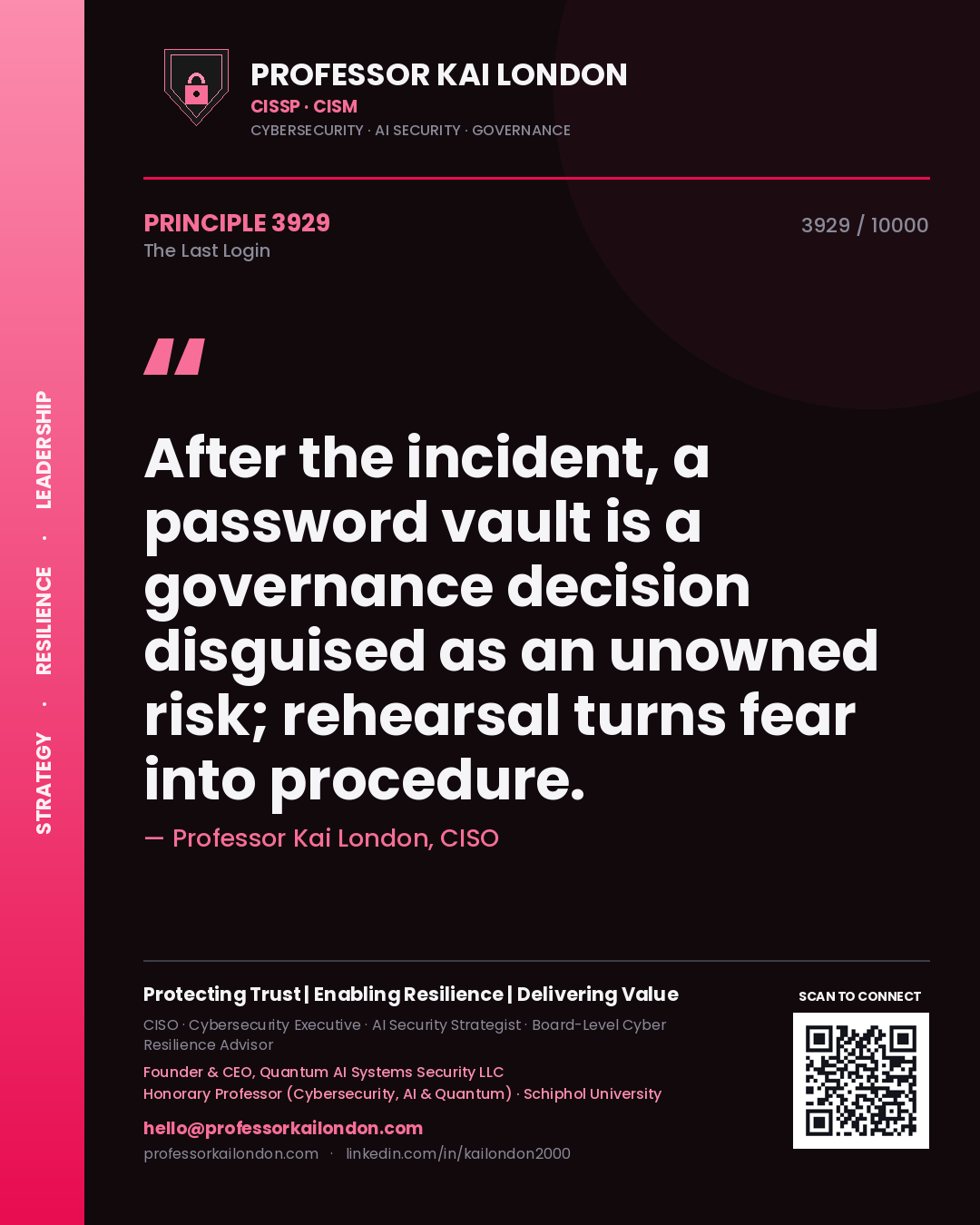 Professor Kai London principle 3929: After the incident, a password vault is a governance decision disguised as an unowned risk; rehearsal turns fear into procedure.