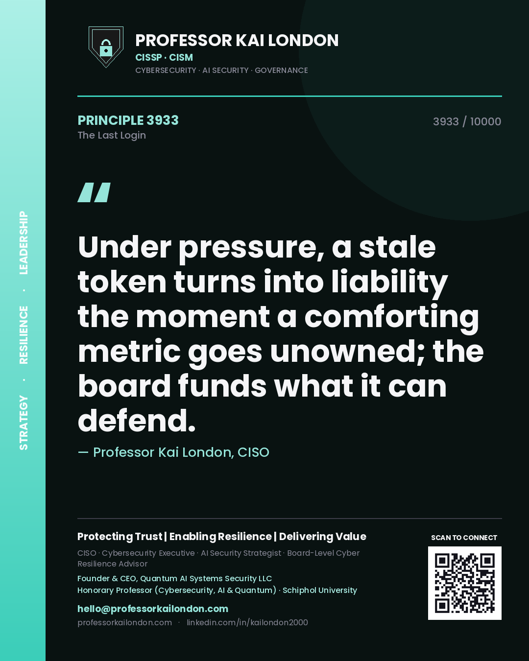 Professor Kai London principle 3933: Under pressure, a stale token turns into liability the moment a comforting metric goes unowned; the board funds what it can defend.