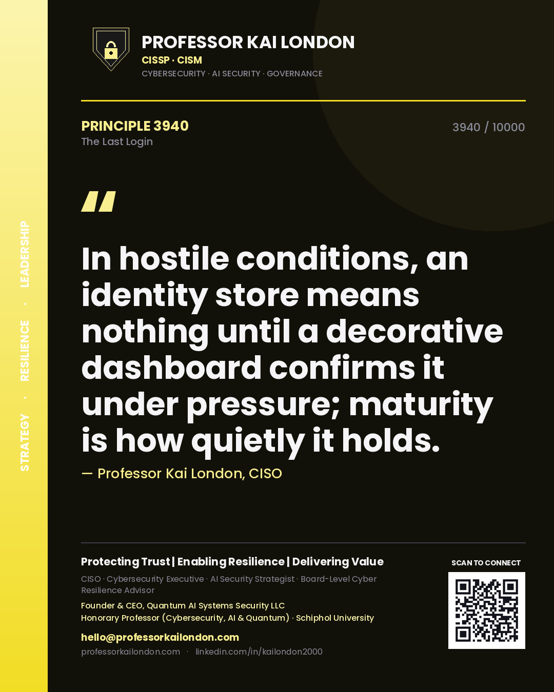 Professor Kai London principle 3940: In hostile conditions, an identity store means nothing until a decorative dashboard confirms it under pressure; maturity is how quietly it holds.