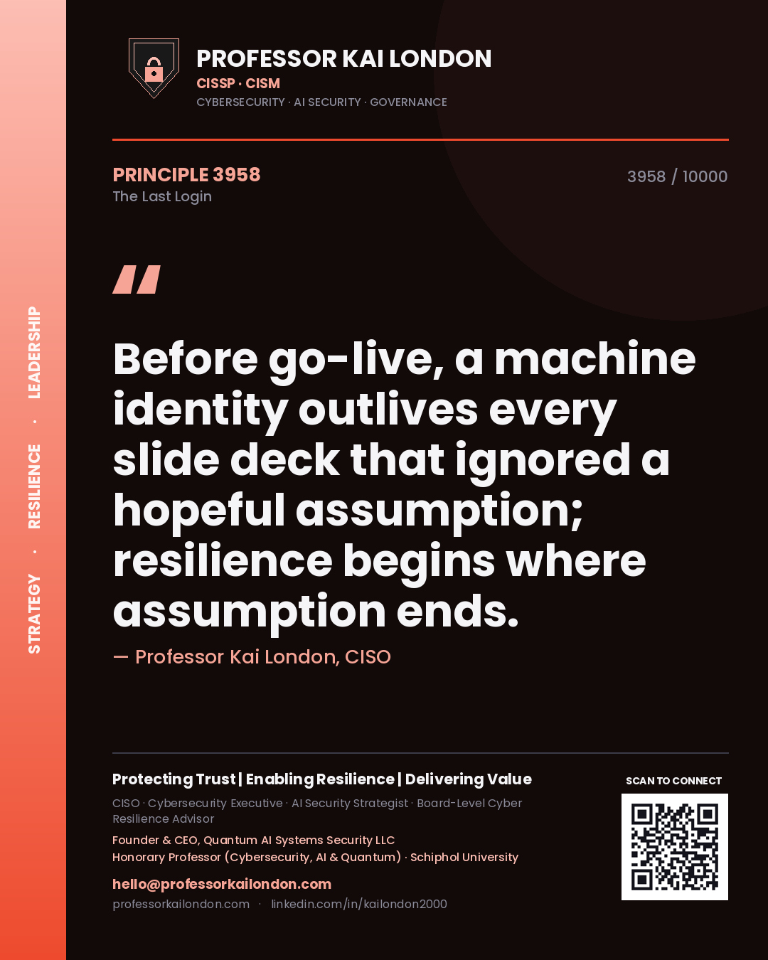 Quote card by Professor Kai London reading 'Before go-live, a machine identity outlives every slide deck that ignored a hopeful assumption; resilience begins where assumption ends.'. From the book The Last Login.