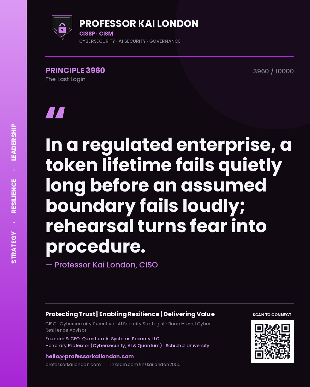 Professor Kai London principle 3960: In a regulated enterprise, a token lifetime fails quietly long before an assumed boundary fails loudly; rehearsal turns fear into procedure.