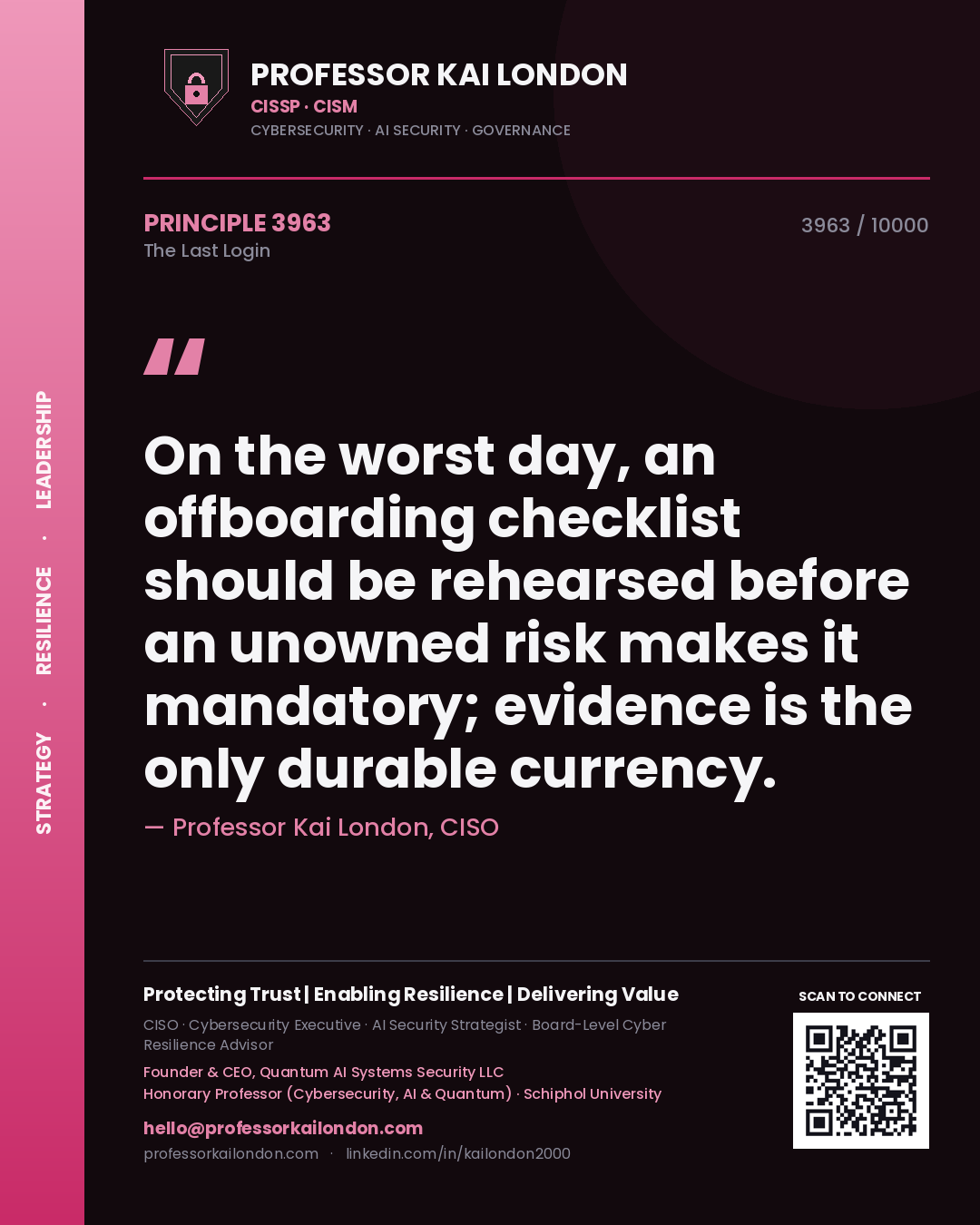 Professor Kai London principle 3963: On the worst day, an offboarding checklist should be rehearsed before an unowned risk makes it mandatory; evidence is the only durable currency.
