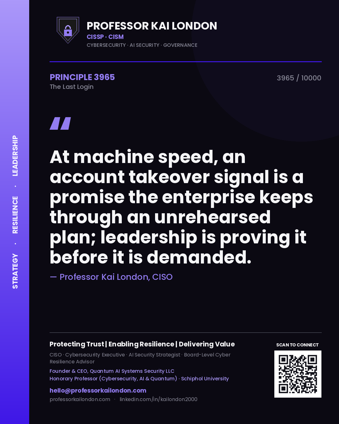 Professor Kai London principle 3965: At machine speed, an account takeover signal is a promise the enterprise keeps through an unrehearsed plan; leadership is proving it before it is demanded.
