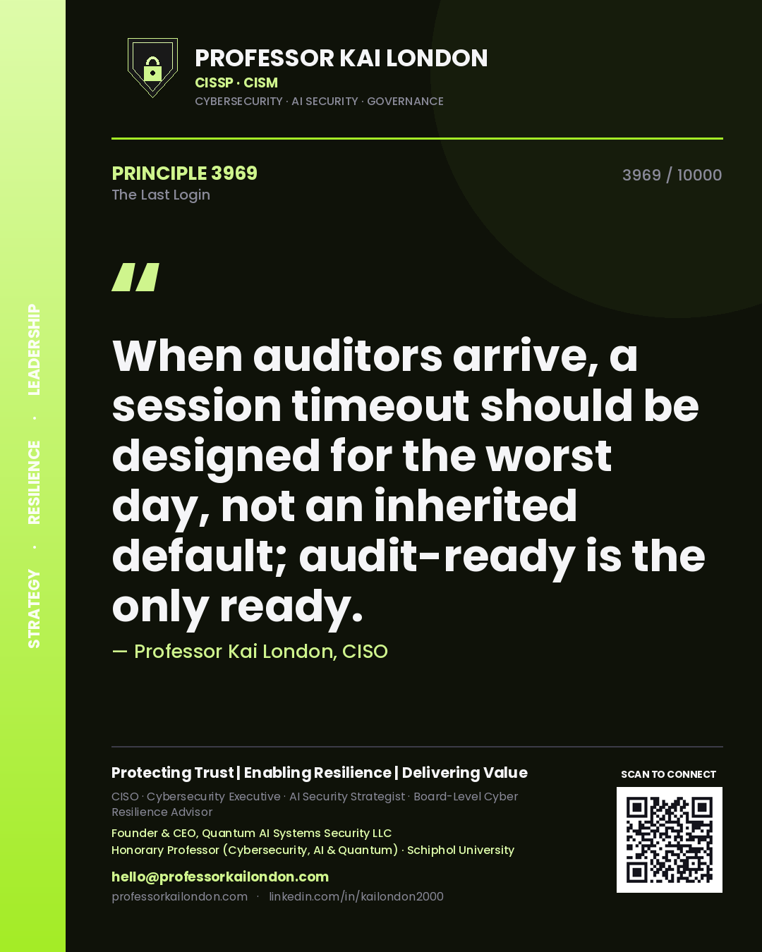 Professor Kai London principle 3969: When auditors arrive, a session timeout should be designed for the worst day, not an inherited default; audit-ready is the only ready.