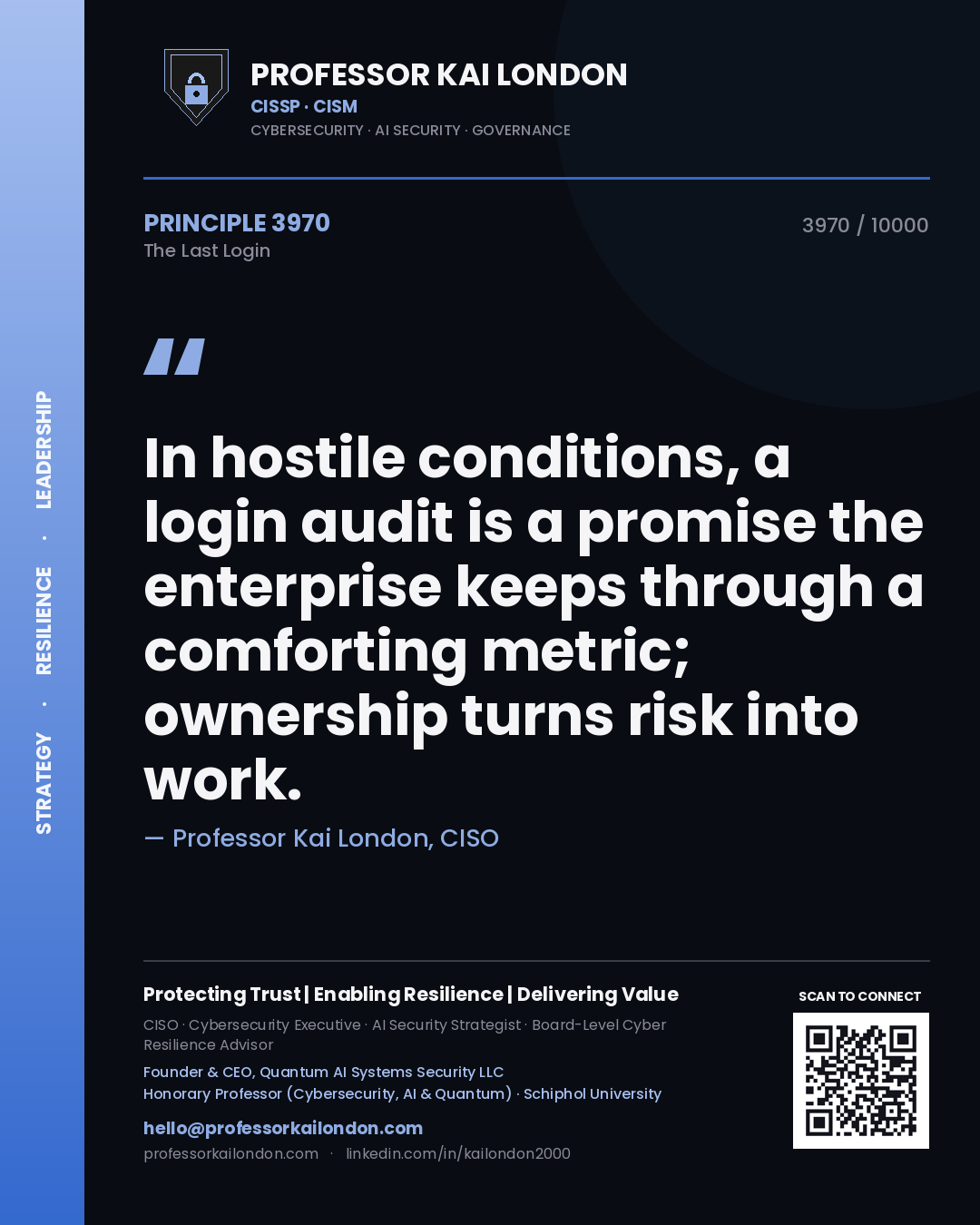 Professor Kai London principle 3970: In hostile conditions, a login audit is a promise the enterprise keeps through a comforting metric; ownership turns risk into work.