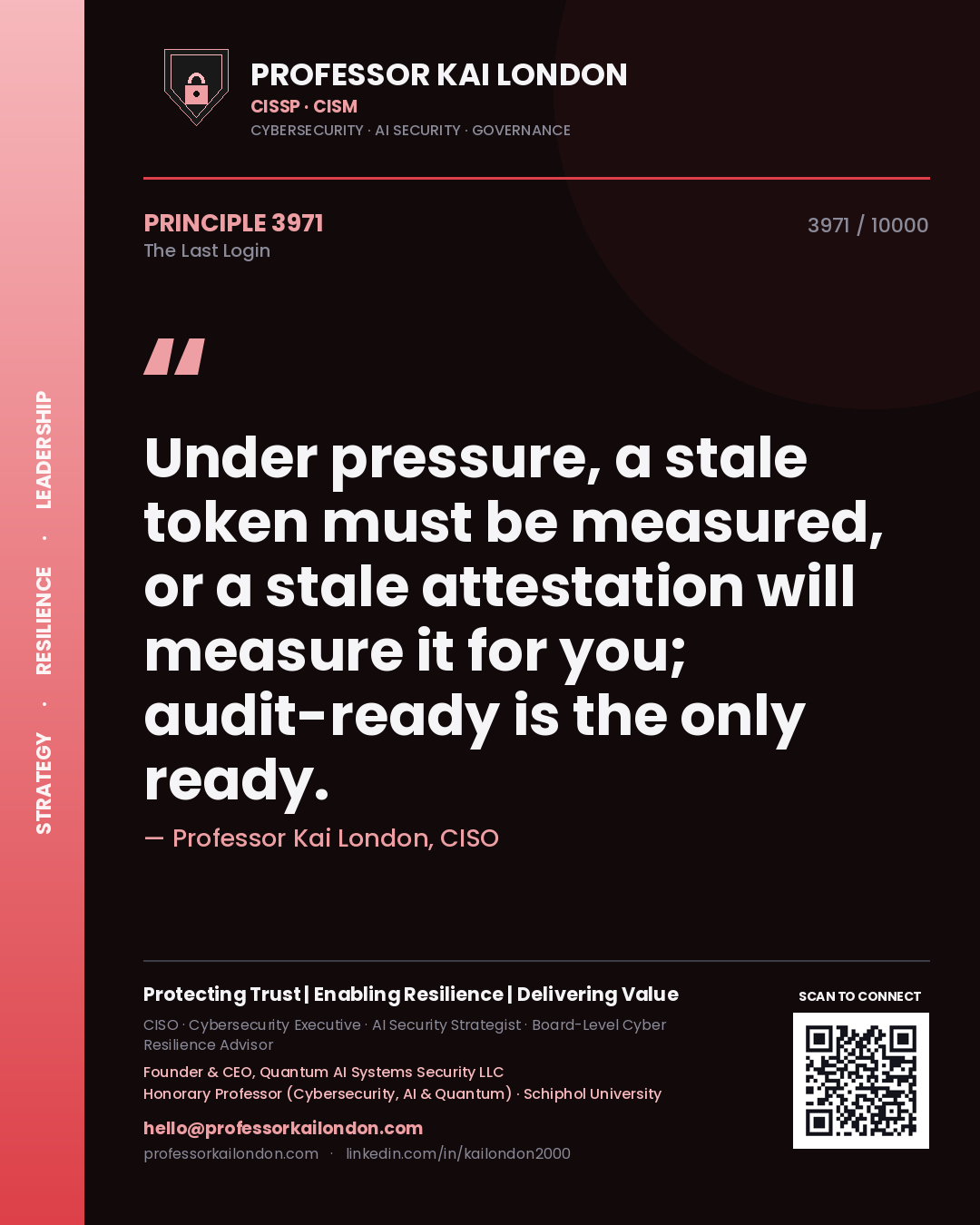 Quote card by Professor Kai London reading 'Under pressure, a stale token must be measured, or a stale attestation will measure it for you; audit-ready is the only ready.'. From the book The Last Login.