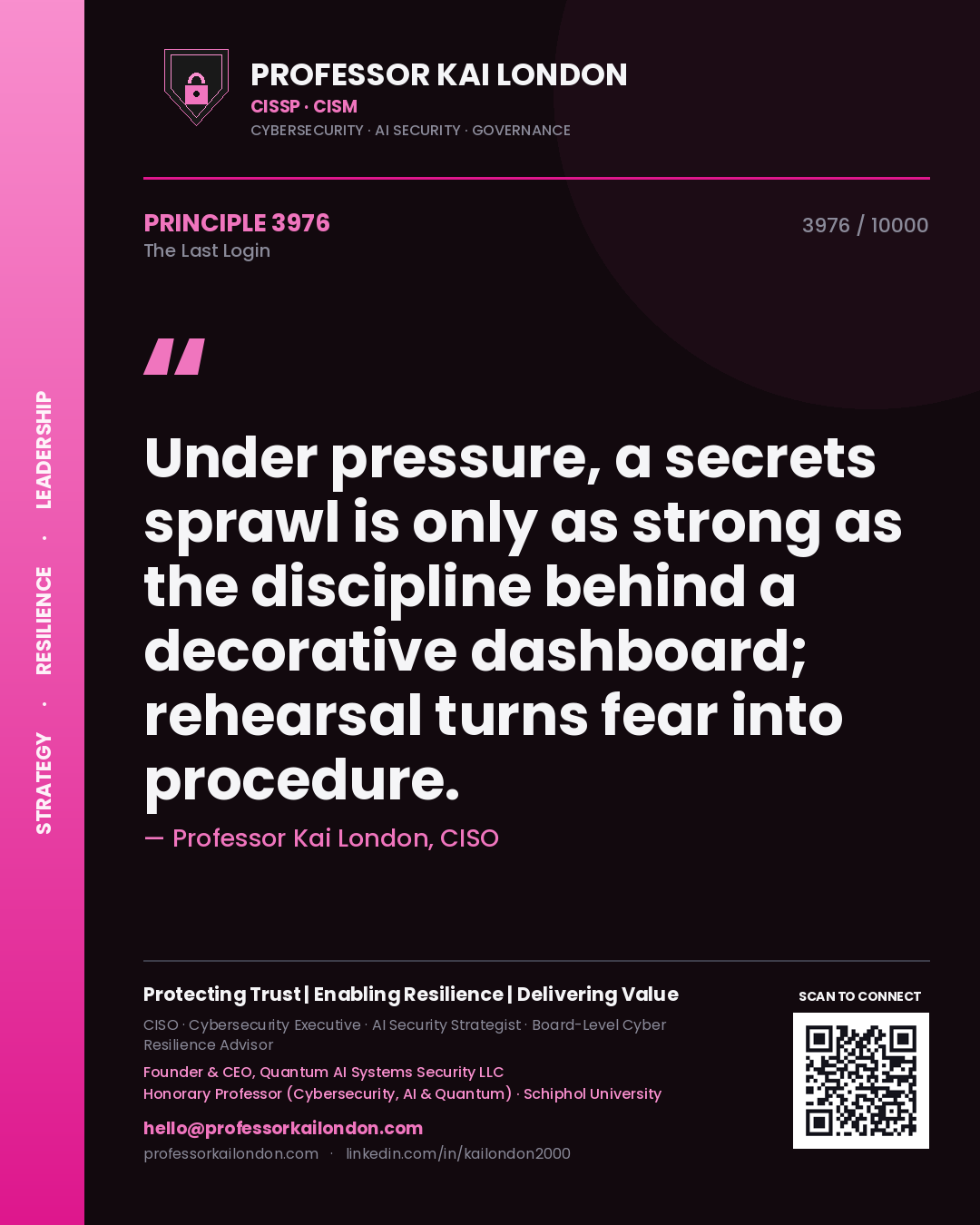 Professor Kai London principle 3976: Under pressure, a secrets sprawl is only as strong as the discipline behind a decorative dashboard; rehearsal turns fear into procedure.