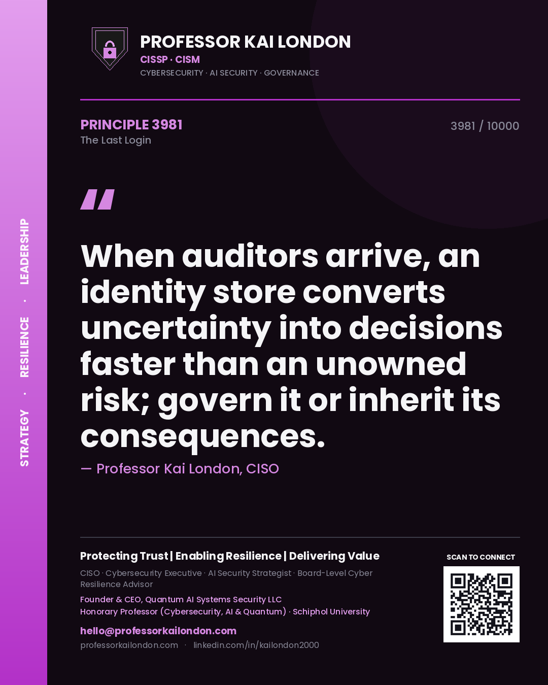 Quote card by Professor Kai London reading 'When auditors arrive, an identity store converts uncertainty into decisions faster than an unowned risk; govern it or inherit its consequences.'. From the book The Last Login.