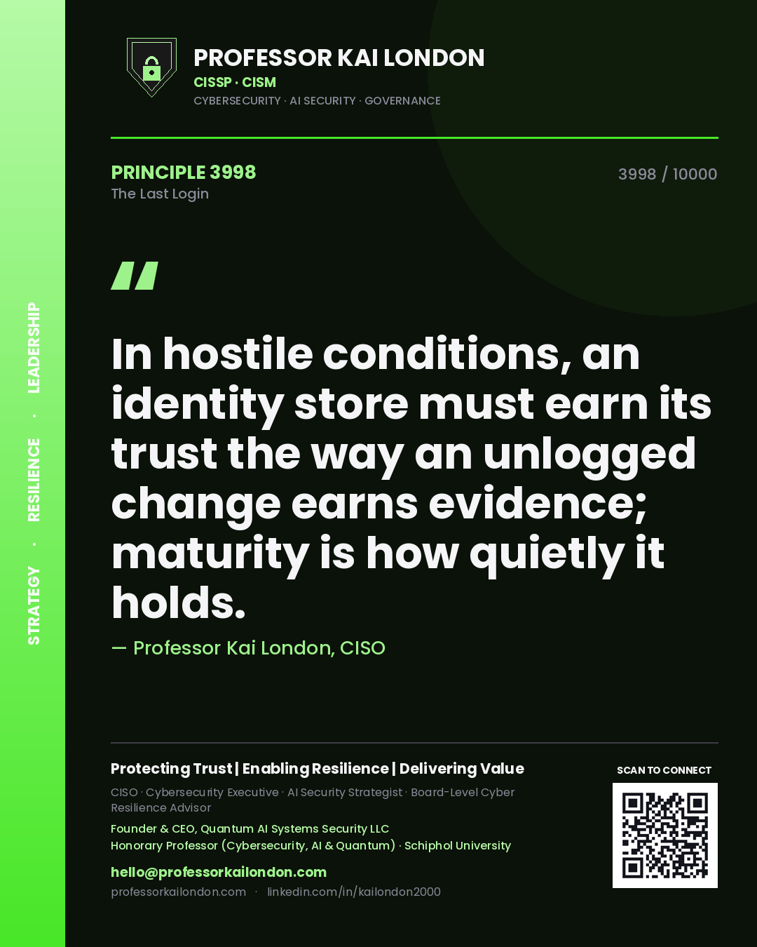 Professor Kai London principle 3998: In hostile conditions, an identity store must earn its trust the way an unlogged change earns evidence; maturity is how quietly it holds.