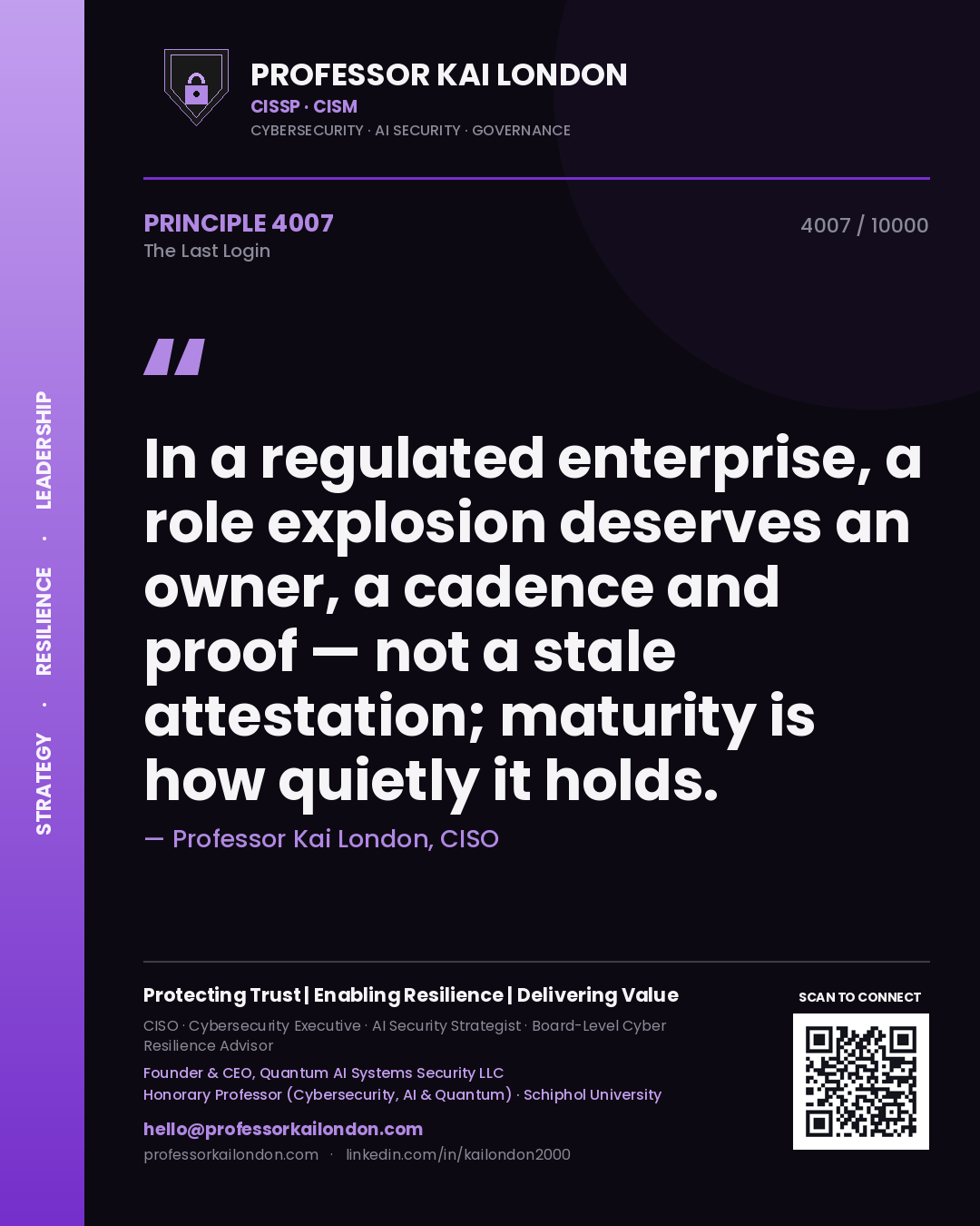 Professor Kai London principle 4007: In a regulated enterprise, a role explosion deserves an owner, a cadence and proof — not a stale attestation; maturity is how quietly it holds.