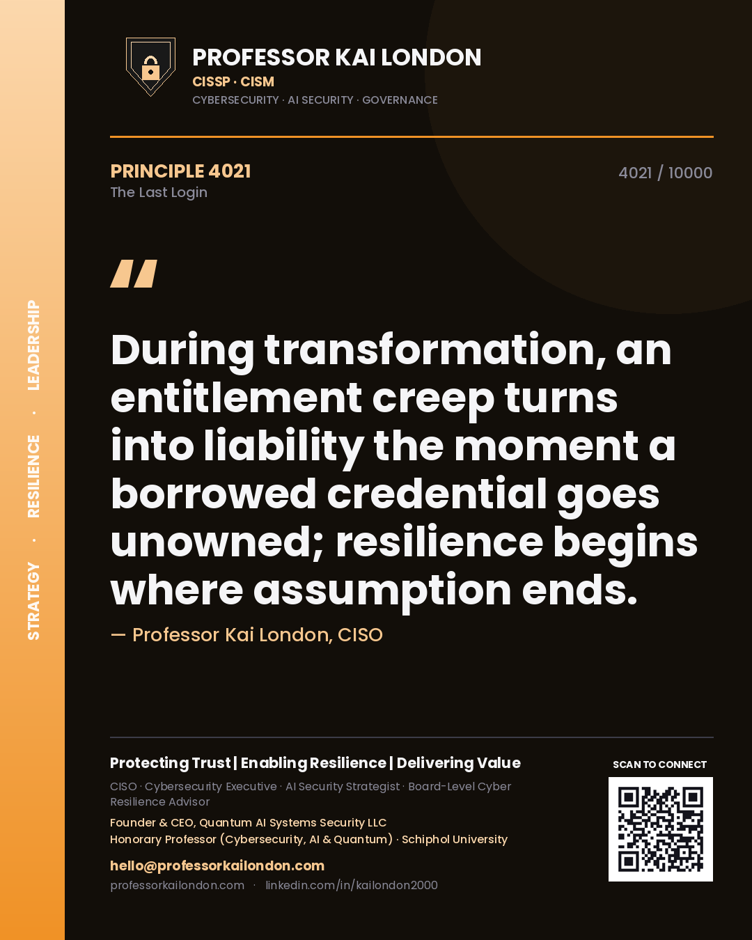 Quote card by Professor Kai London reading 'During transformation, an entitlement creep turns into liability the moment a borrowed credential goes unowned; resilience begins where assumption ends.'. From the book The Last Login.