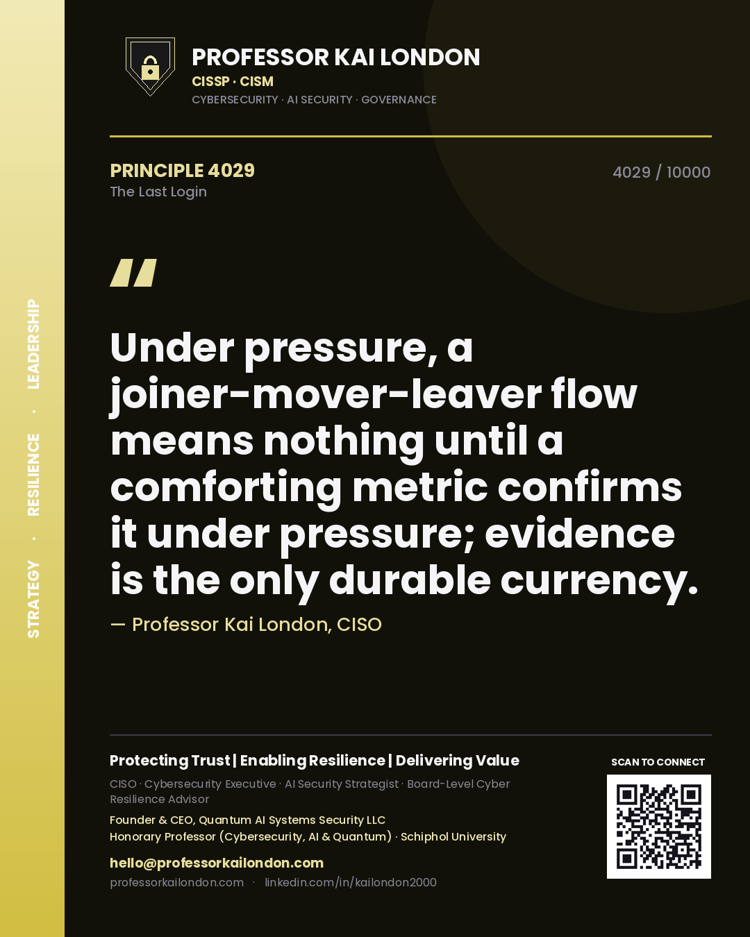 Quote card by Professor Kai London reading 'Under pressure, a joiner-mover-leaver flow means nothing until a comforting metric confirms it under pressure; evidence is the only durable currency.'. From the book The Last Login.